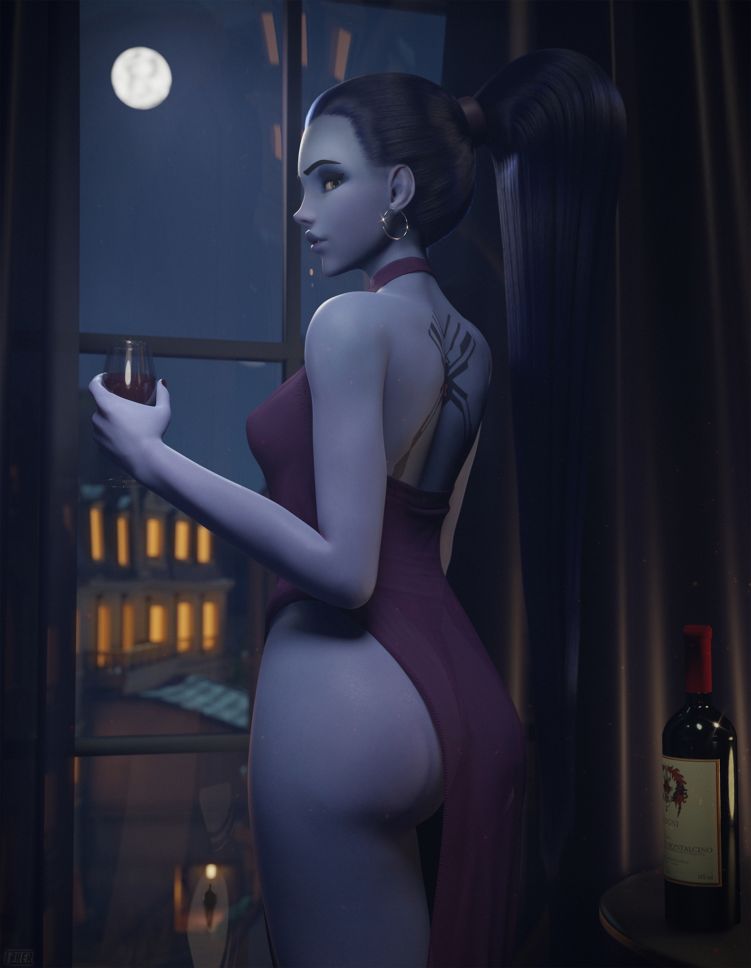 Widowmaker Datenight Overwatch Widowmaker Dress Small Tits Long Hair Blue Hair Blue Skin Alcohol Date Night Bubble Butt Revealing