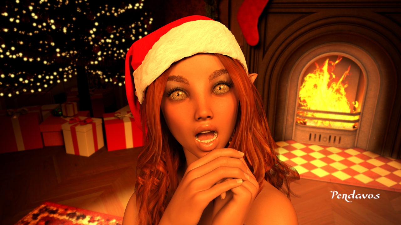 Christmas in July 2022  Christmas Elf Fantasy Dark Fantasy Yellow Eyes Red Hair High Heels Thigh Highs Horns