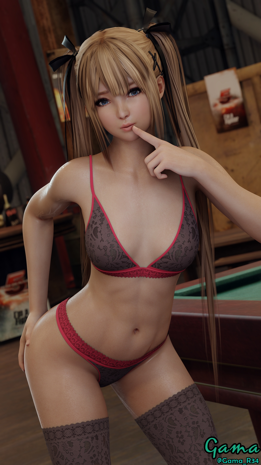 Marie Rose Sexy Pinup Dead Or Alive Marie Rose Poster Partially_clothed Small Tits Cute Blonde Twintails Erect Nipples Bar Pool Table 2