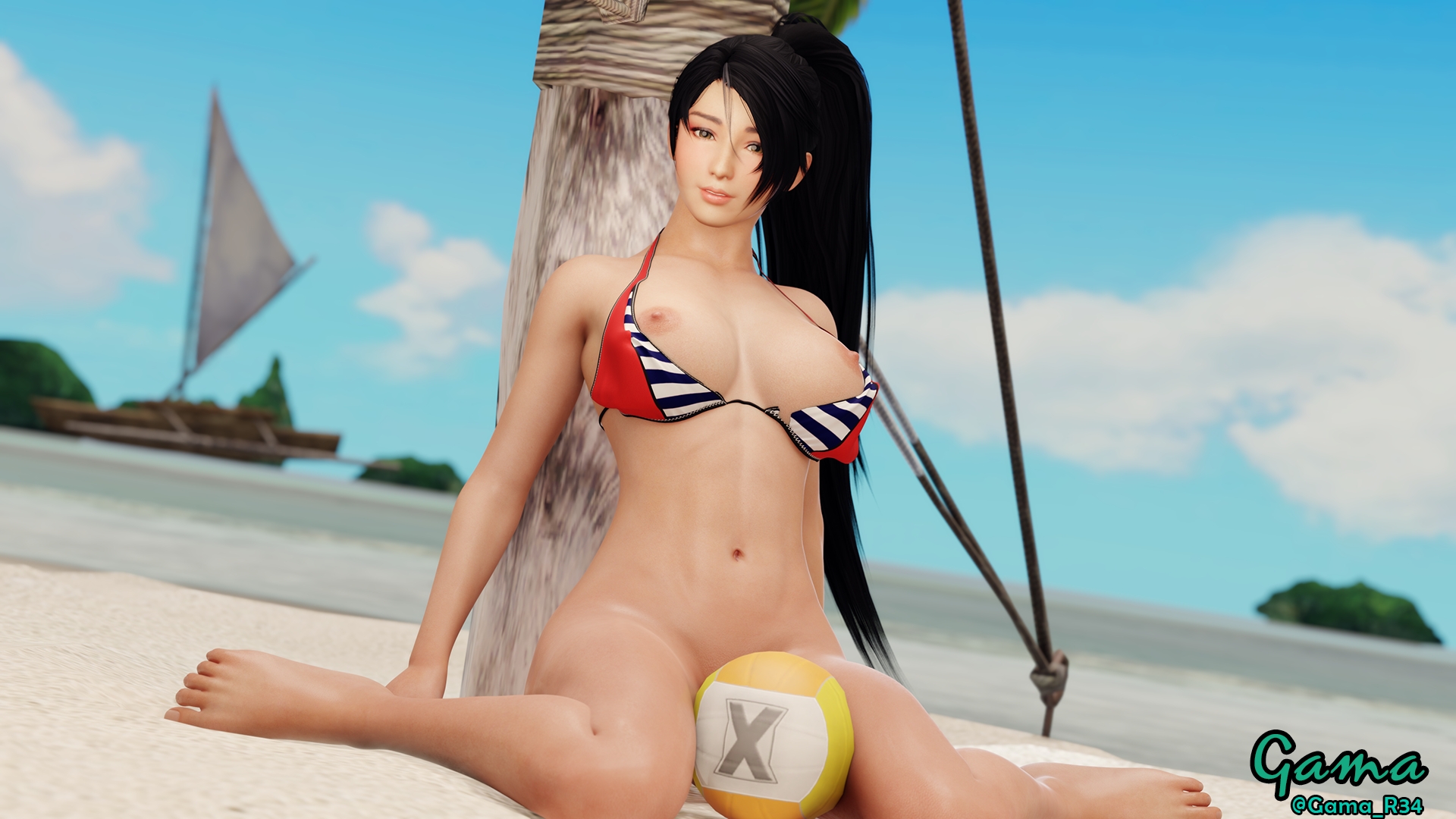 ~ Momiji Volleyball Pin-Up ~ Dead Or Alive Momiji Volley Girl Poster Beach Exposed Bottomless Medium Breasts Nipples Long Hair Black Hair Brown Eyes