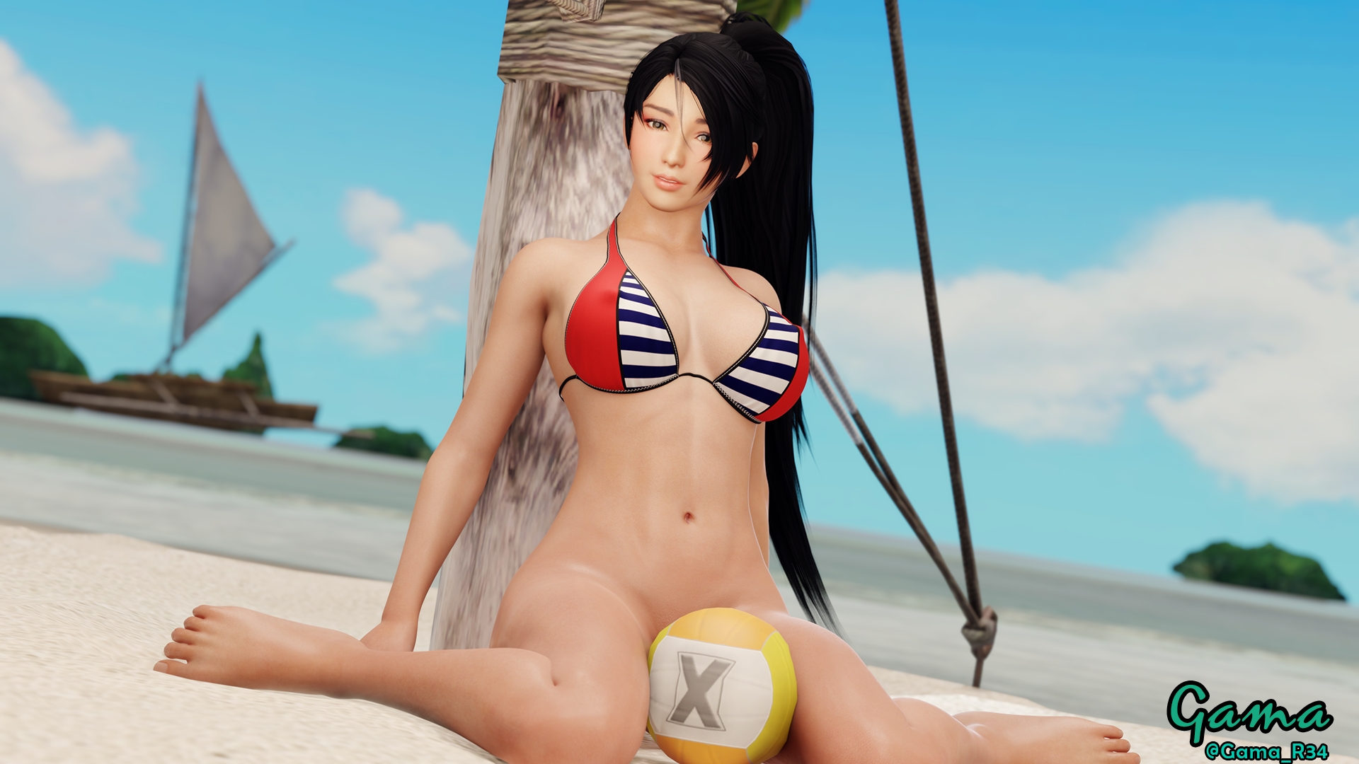 ~ Momiji Volleyball Pin-Up ~ Dead Or Alive Momiji Volley Girl Poster Beach Exposed Bottomless Medium Breasts Nipples Long Hair Black Hair Brown Eyes 2
