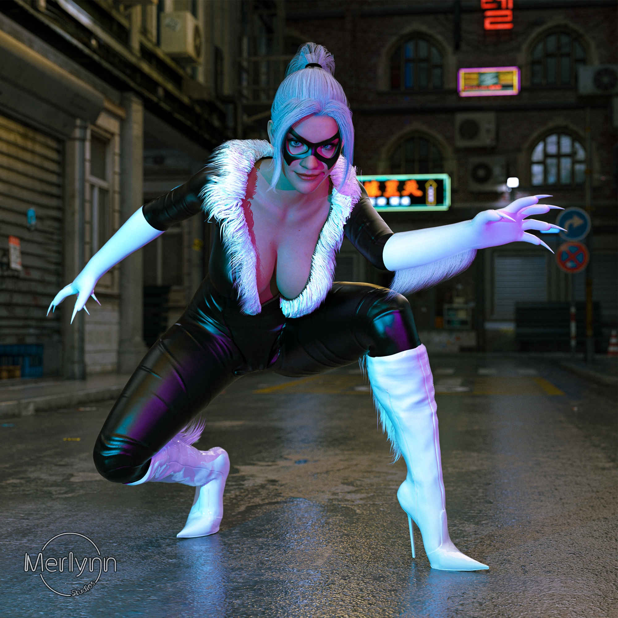  Gotcha!  Marvel Blackcat Spider-man Sexy Hot Big Tits Big Breasts Superhero Night White Hair Latex Suit