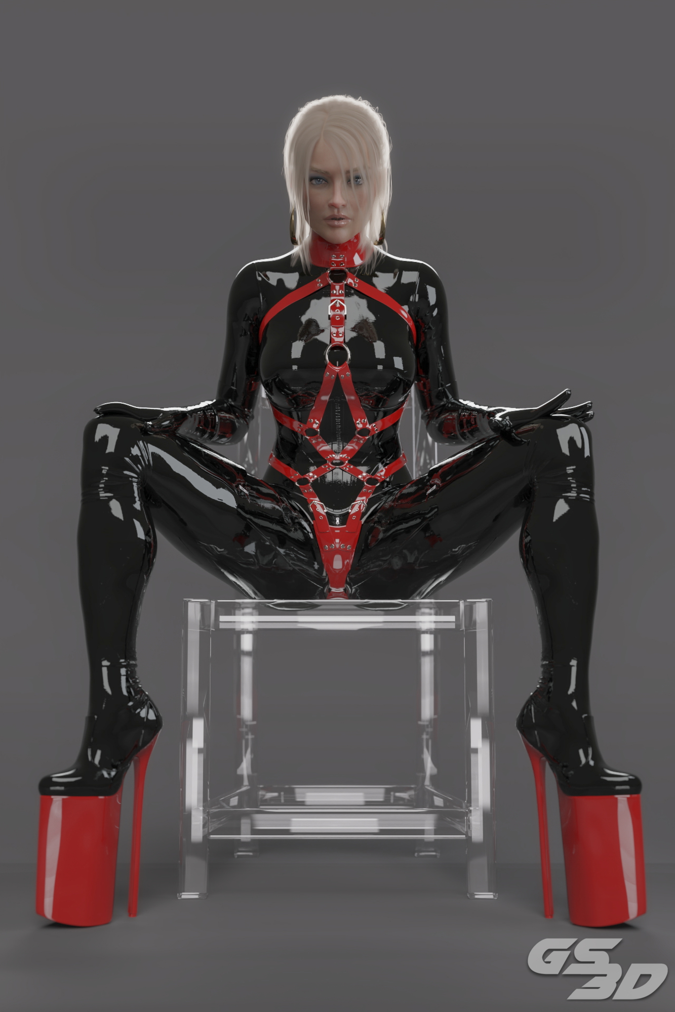 Rubber Tease 7 (NIKITZO) [4K]  Rubber Latex Latex Suit Latex Gloves Mask Masked Blue Eyes Tease Drone Gas Mask Gasmask Blonde Sexy Blonde Harness High Heels Hexcorp Nikitzo
