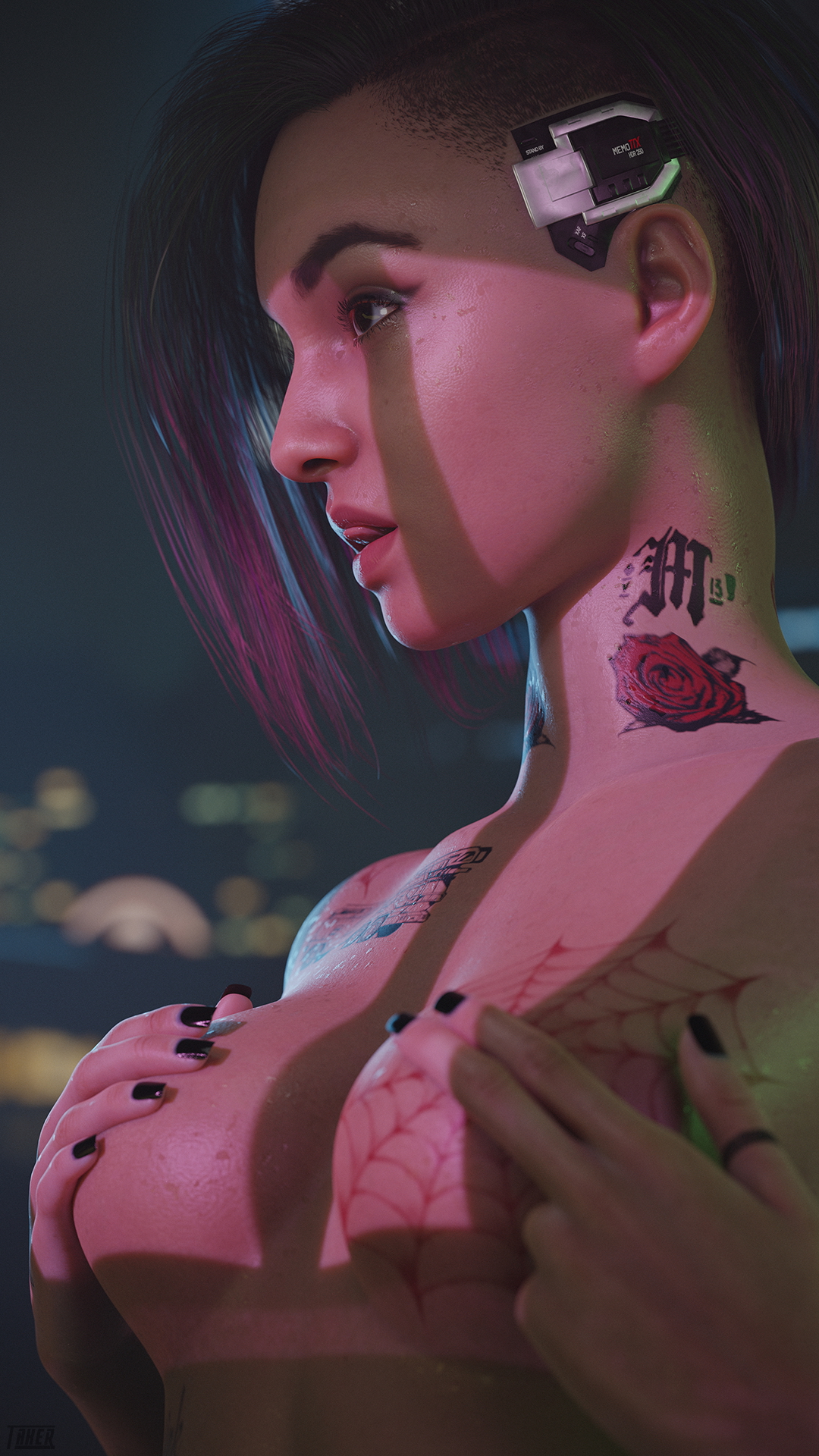 Judy Alvarez   Hey  V  I miss you❤️  Judy Alvarez Cyberpunk2077 Medium Breasts Tattoo Short Hair Nude Tongue Out Sweaty