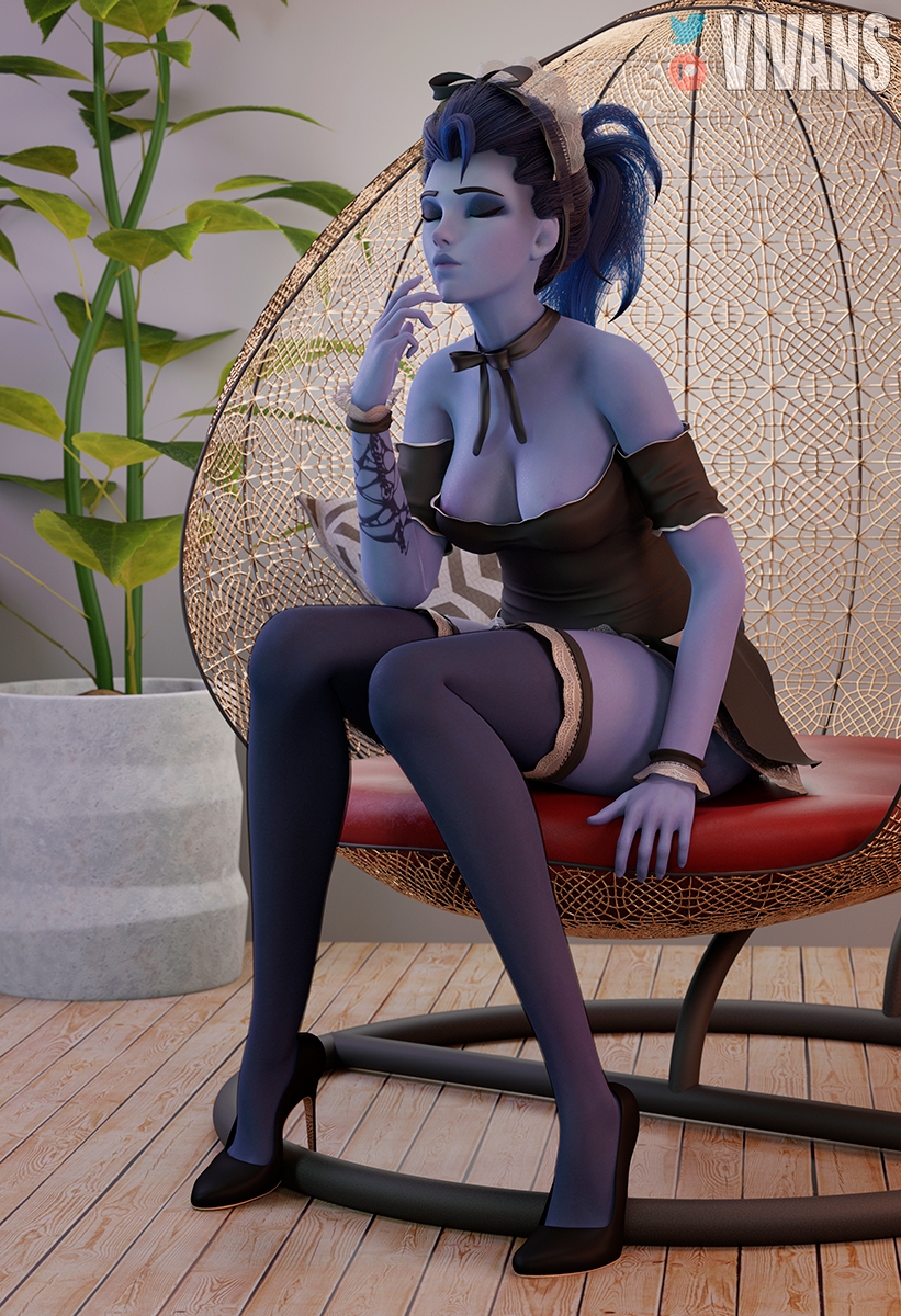 Graceful Amelie in a Maid Outfit Overwatch Widowmaker Nsfw Boobs Stockings High Heels Blue Skin Blue Hair Maid Maid Uniform Maid Outfit