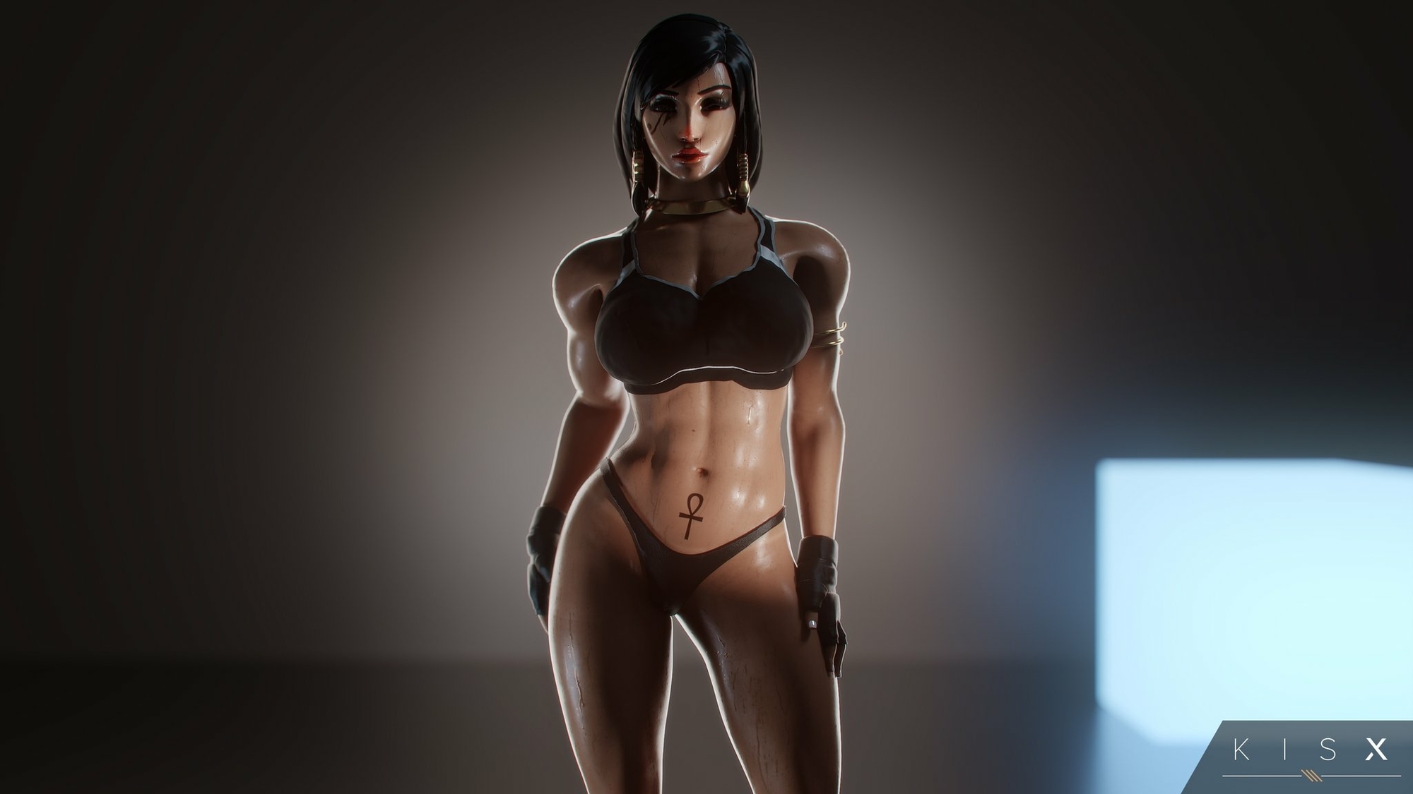 Did some lighting practice with this chick in blender🤔 Pharah Overwatch Topless Big Tits Abs Muscular Girl Muscles Egyptian Solo Posing 3d Girl