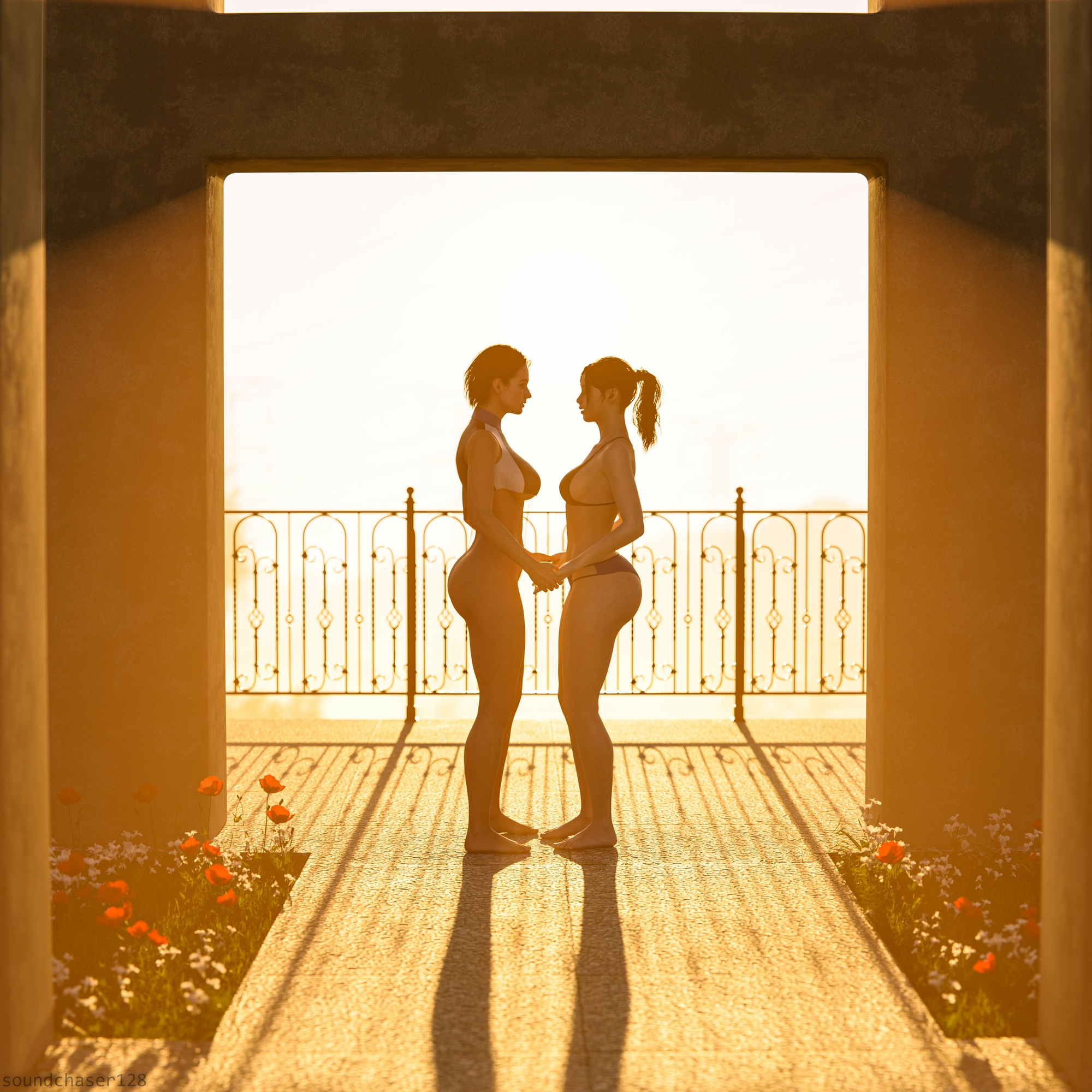 Jill and Claire in the sunset Jill Valentine Resident Evil Claire Redfield Big Tits Swimsuit Bikini Lesbian Eating Pussy Fingering Pussy