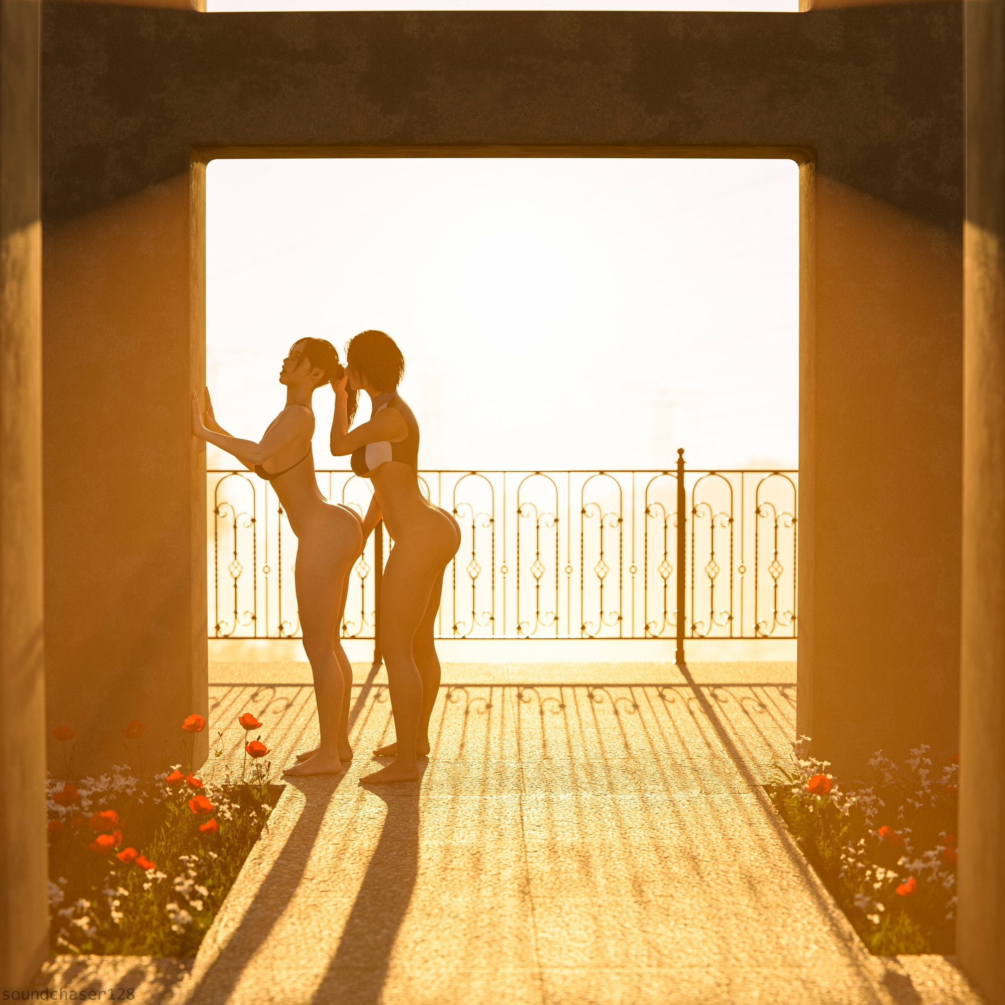 Jill and Claire in the sunset Jill Valentine Resident Evil Claire Redfield Big Tits Swimsuit Bikini Lesbian Eating Pussy Fingering Pussy 4