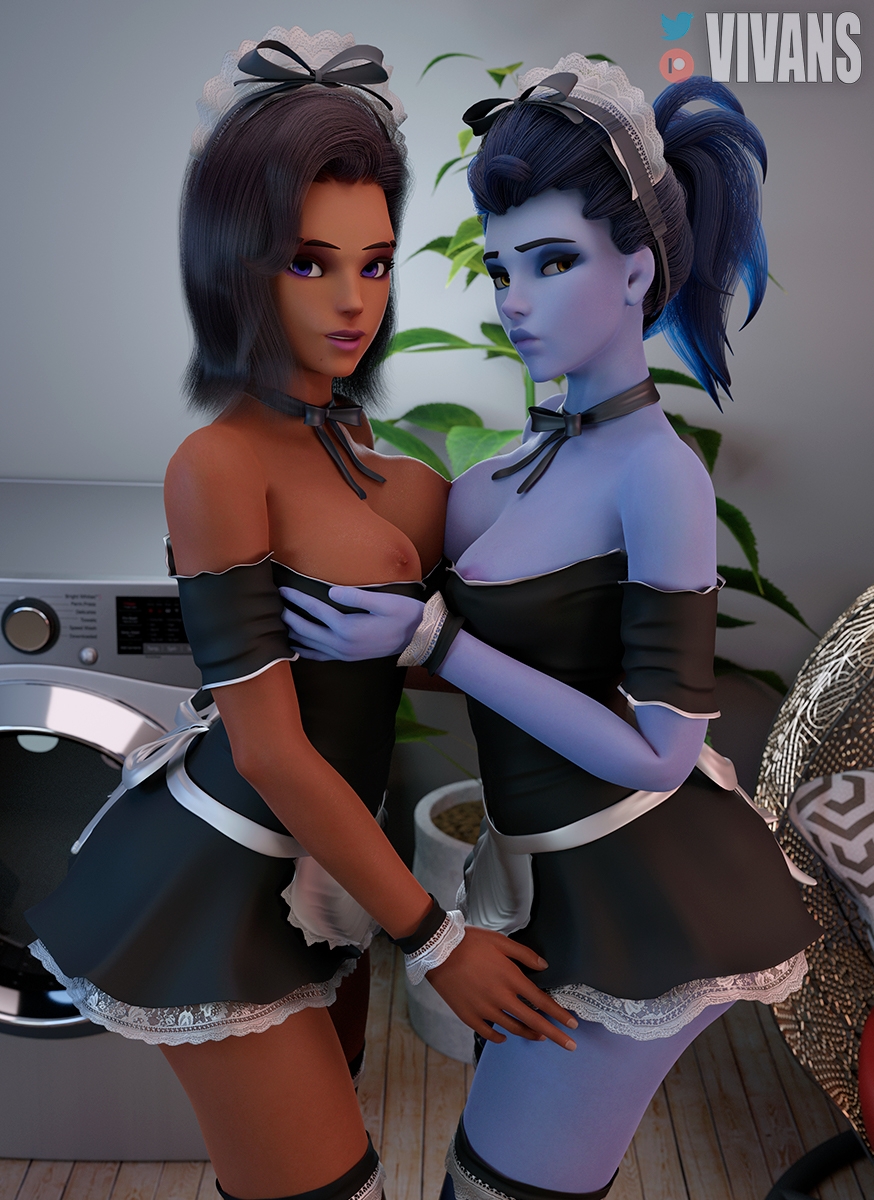 Booba Maids Overwatch Widowmaker Sombra Nsfw Sexy Big Tits 2girls Maid Maid Outfit Maid Uniform Nipples Boobs Natural Boobs Groping Stockings Dress Looking At Viewer
