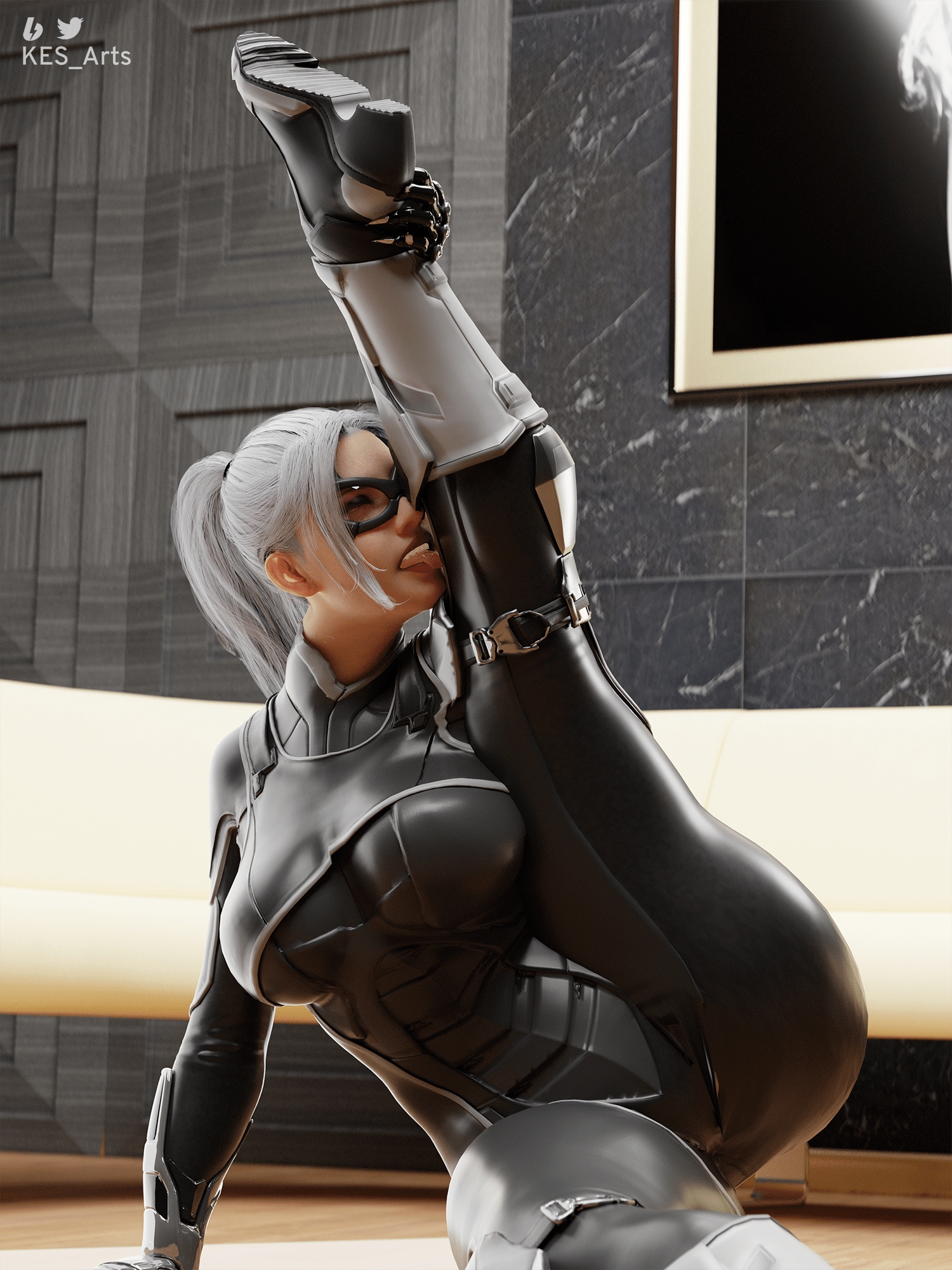 Black Cat stretching Blackcat Felicia Hardy Spider-man Marvel Sexy Boobs Rule34 Fit Legs Long Legs Feet Leather Latex Suit Superhero Pinup