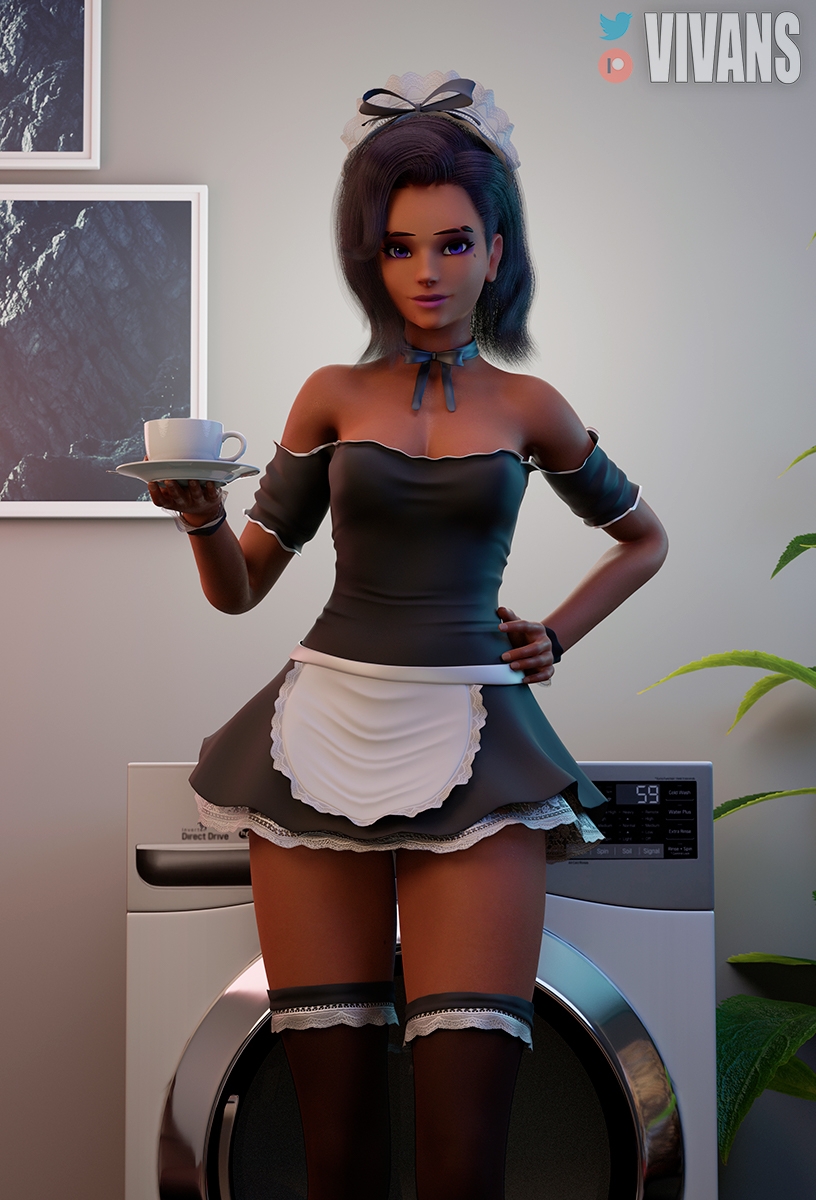 Would You Like Some Coffee? Overwatch Sombra Sexy Nsfw Maid Maid Outfit Maid Uniform Latina Looking At Viewer Tight 3d Girl