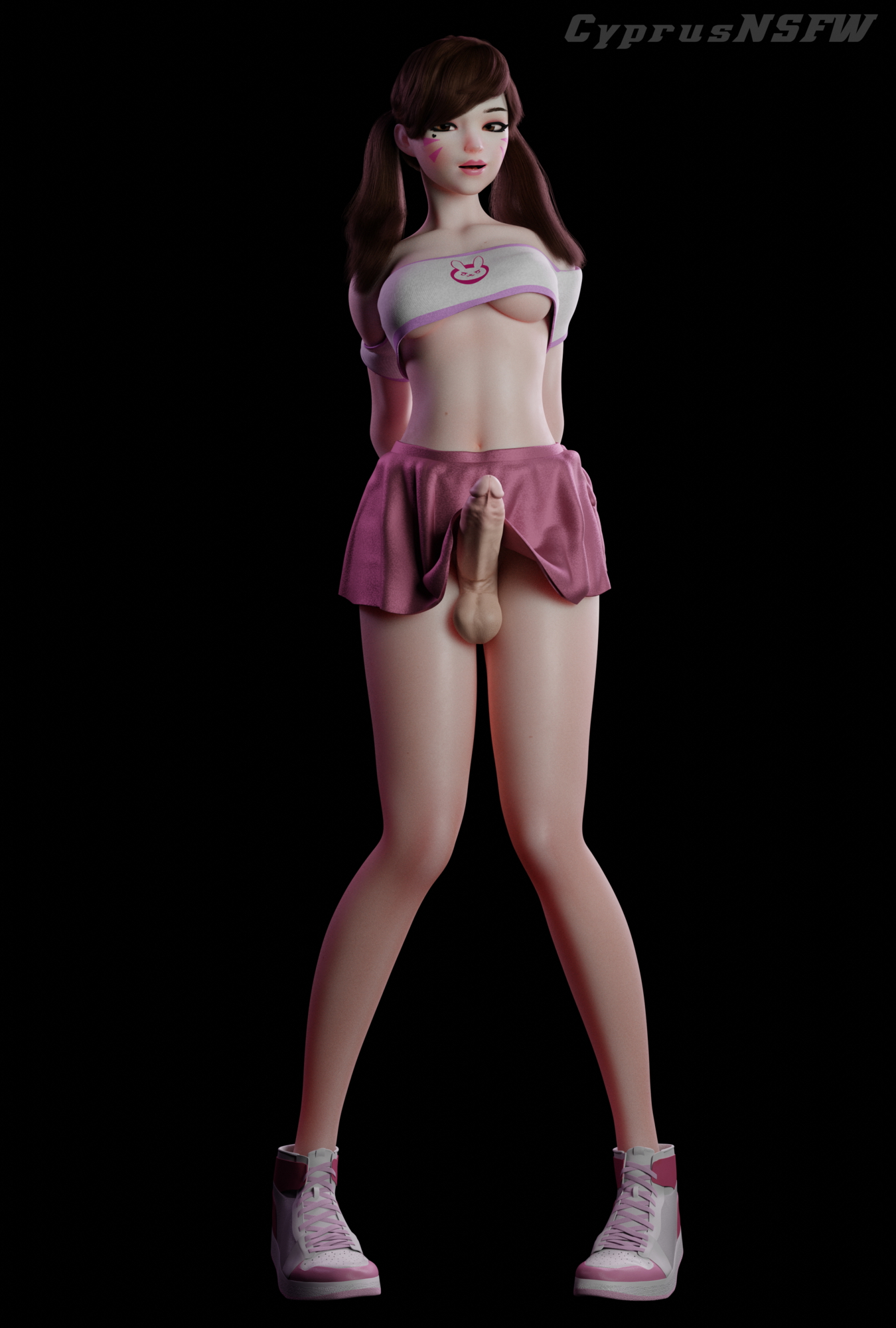 Skimpy D.va Test Render D.va Dva (overwatch) Overwatch Futa Futanari Futa_only Big Balls Big Cock Big Dick Asian Looking At Viewer Pose Bent_knees Erection Upskirt Partially_clothed Lifted_skirt