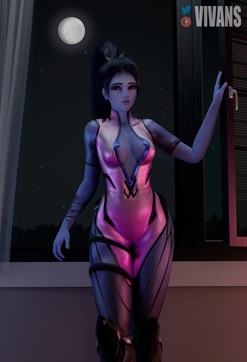 Amelie - Moonlight Widowmaker Overwatch Nsfw 1girl Looking At Viewer Tits Natural Tits Medium Breasts Breasts Hips Bodysuit Tattoo Blue Skin Yellow Eyes