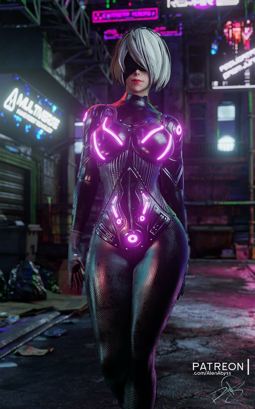 Cyberpunk 2b 2b Nier Automata Cyberpunk2077 Cyber Suit Latex Suit Sexy 3d Girl Half Naked Big Tits Pussy