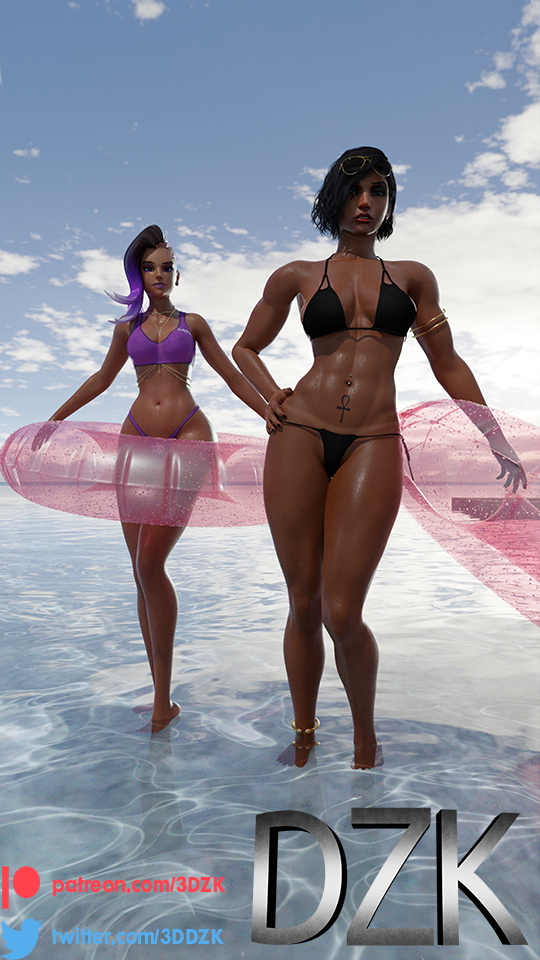 PHARA AND SOMBRA ENJOYING THE SUMMER Pharah Overwatch Sombra Beach Sunbathing Sweaty Wet Bikini Glasses Belly Button Piercing Nail Polish Tattoo Tanlines Sea Water