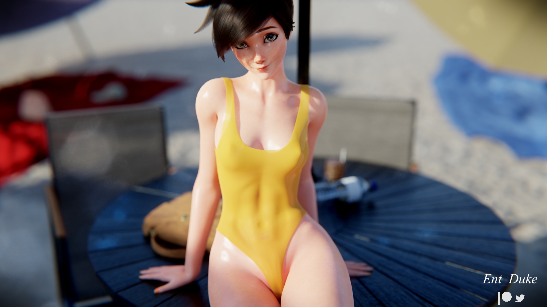 Tracer awaits Tracer Overwatch 3d Porn Videogame Nude Pose Posing Beach Natural Boobs