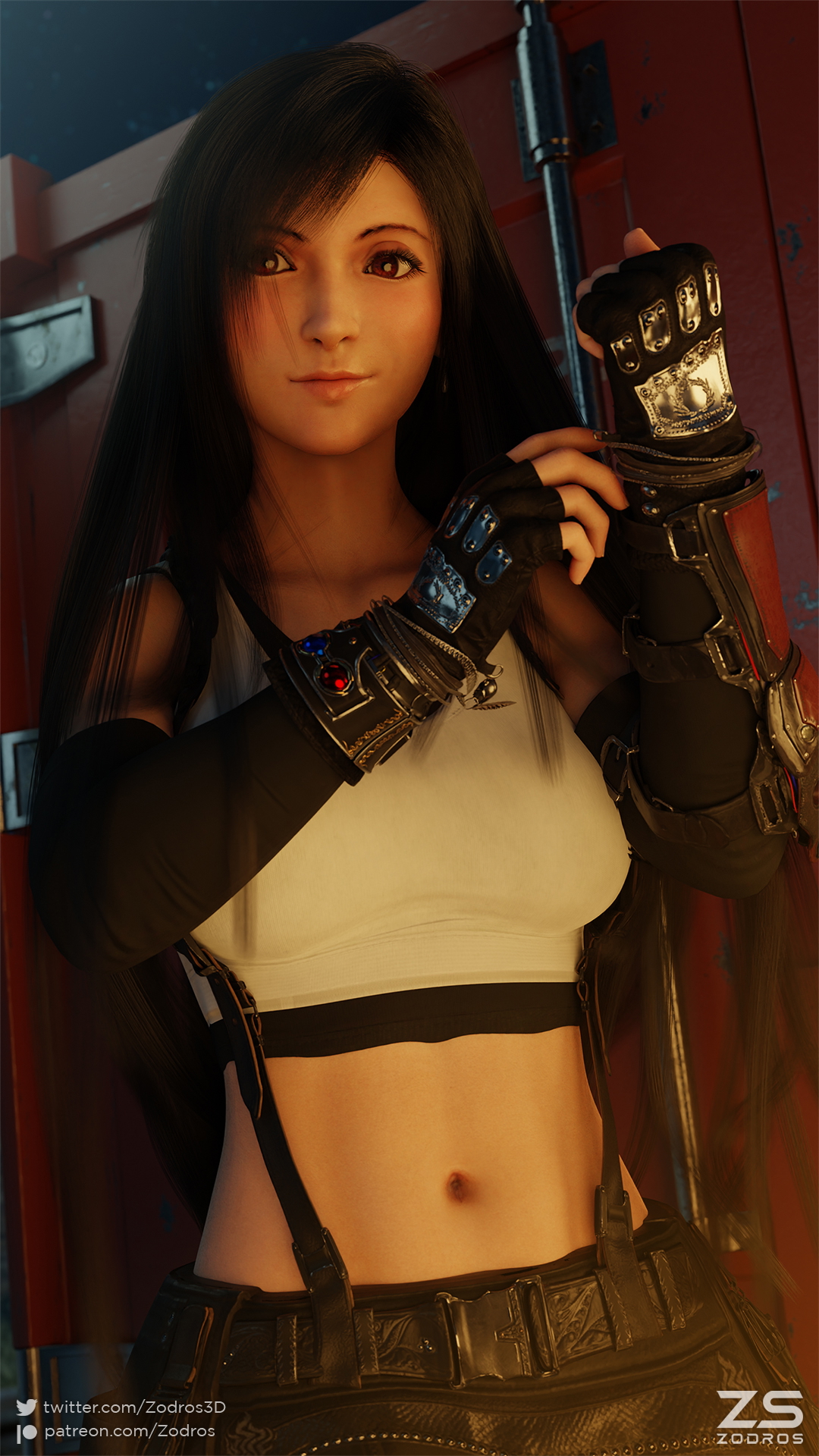 Tifa ready to fight Tifa Lockhart Tifa Final Fantasy Final Fantasy 7 Final Fantasy 7 Remake Sexy Sexyhot Solo Blender3d Black Hair Pinup Clothed Skirt Miniskirt Gloves Tanktop Top Black Legwear Legwear Boots Suspenders Long Hair Red Eyes Smile White Shirt Black Gloves 2