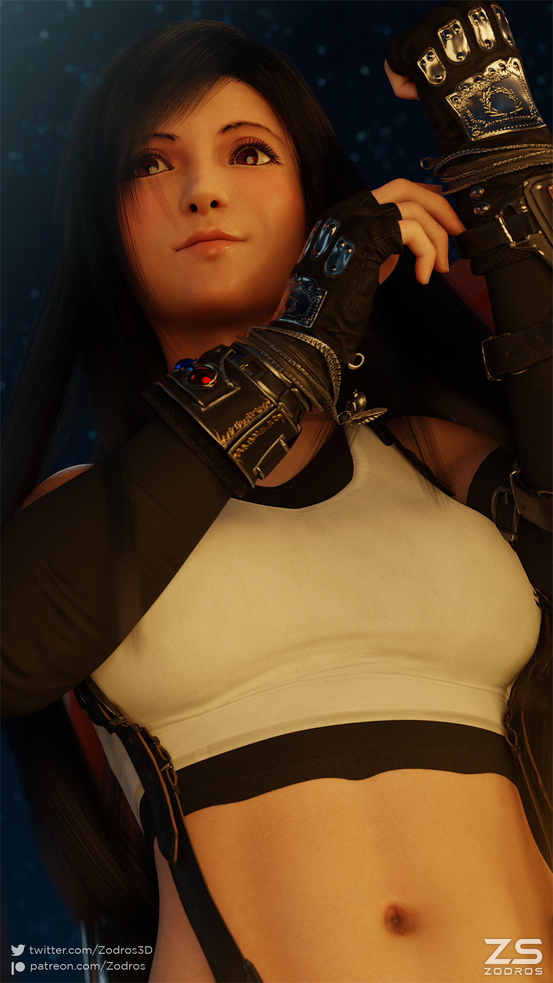 Tifa ready to fight Tifa Lockhart Tifa Final Fantasy Final Fantasy 7 Final Fantasy 7 Remake Sexy Sexyhot Solo Blender3d Black Hair Pinup Clothed Skirt Miniskirt Gloves Tanktop Top Black Legwear Legwear Boots Suspenders Long Hair Red Eyes Smile White Shirt Black Gloves 3