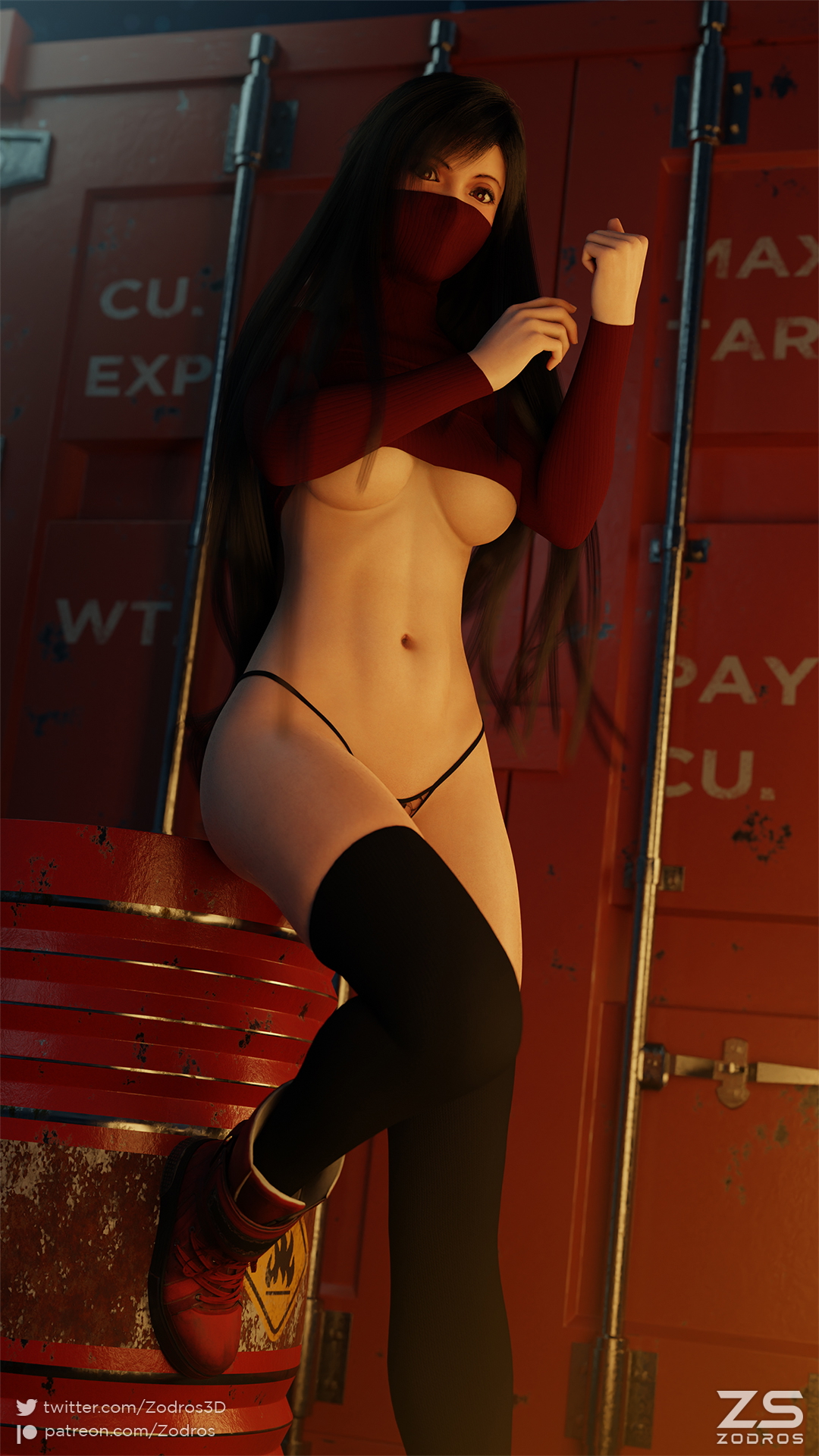 Tifa Ready To Fight (Strip Top) Tifa Lockhart Tifa Final Fantasy Final Fantasy 7 Final Fantasy 7 Remake Sexy Sexyhot Solo Blender3d Black Hair Pinup Clothed Tanktop Top Black Legwear Legwear Boots Long Hair Red Eyes Smile Sweater Panties Underboobs
