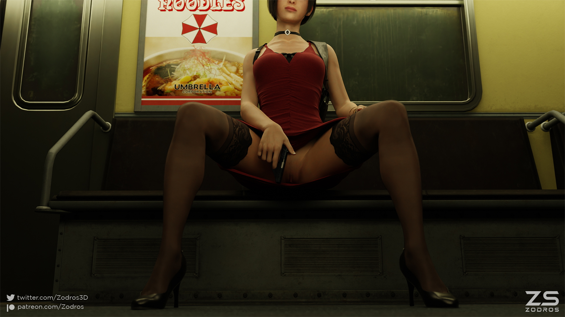 Ada Wong in the subway Ada Wong Resident Evil Subway Transport Partially_clothed Legwear High Heels Weapon Partially_nude Pussy 3d Porn Black Hair Nude Boobs Small Tits
