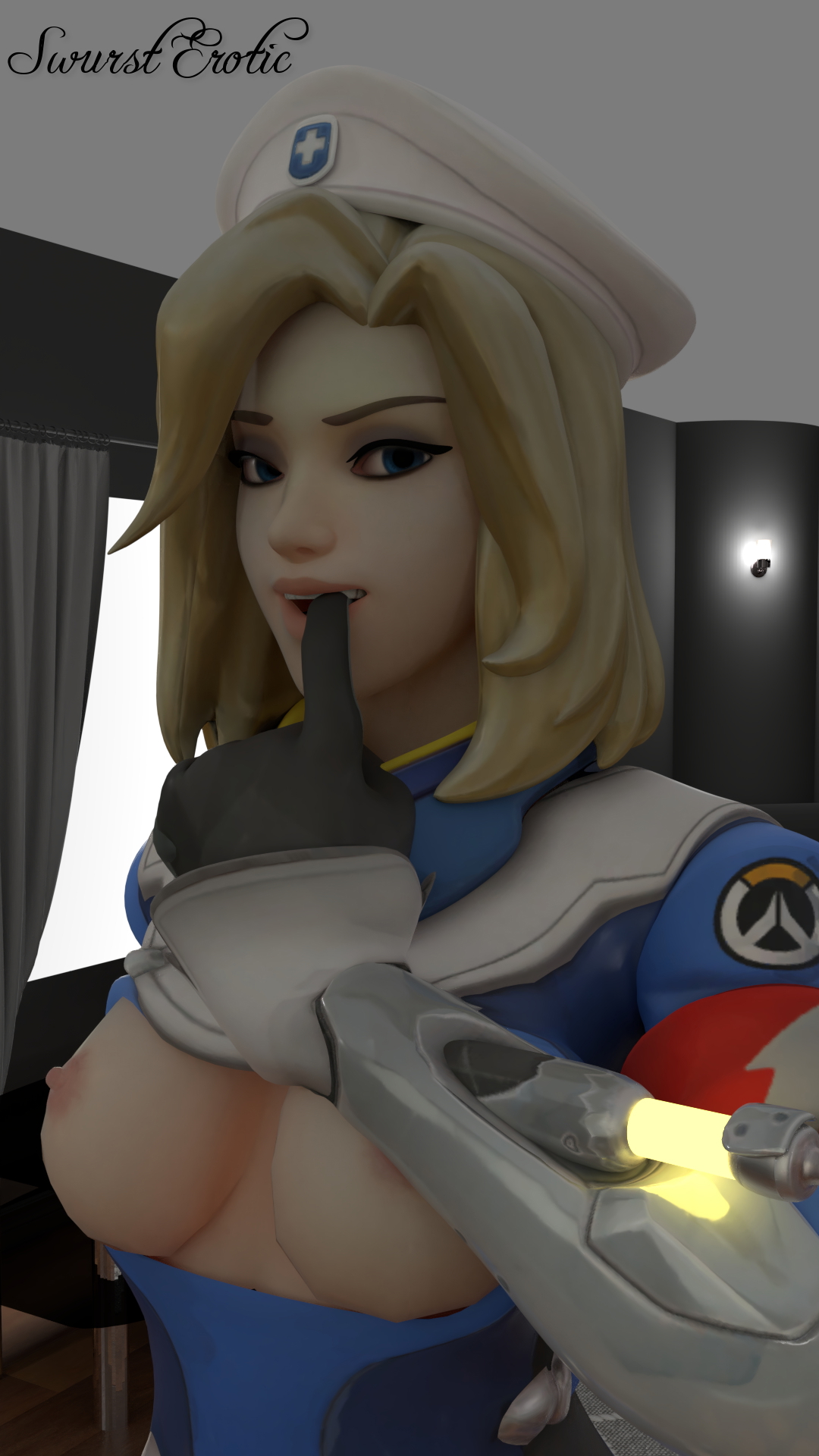 Mercy has some fun with her new mirror! Mercy Overwatch Big Tits Tits Natural Tits Boobs Pussy Shaved Pussy Pink Nipples Handjob Dick Big Cock Oral Sex 3d Porn 2