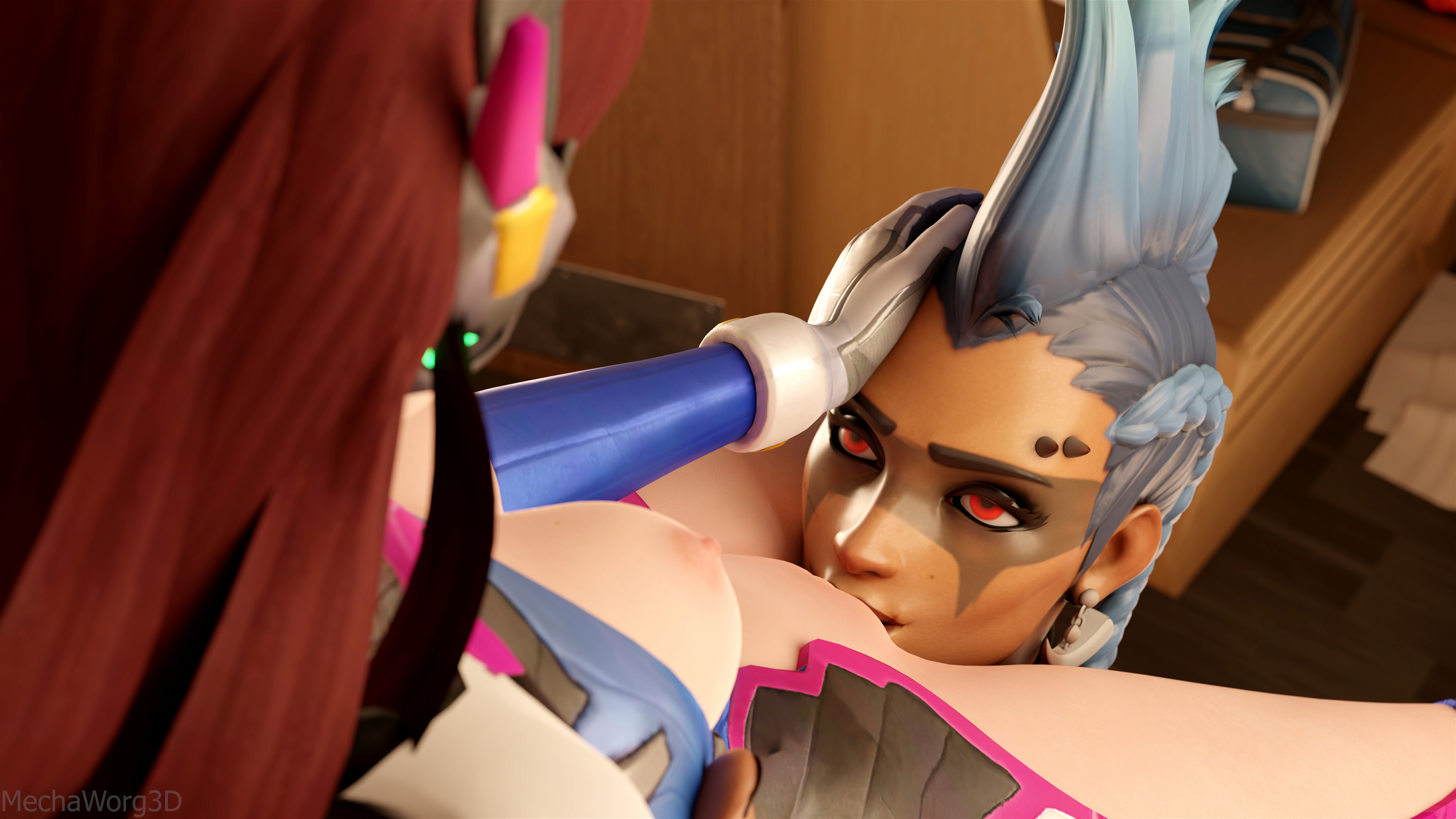Junker Queens new plaything  part 2 Overwatch Dva (overwatch) Junkerqueen Cunnilingus Size Difference 2girls Largerfemale Carry Muscular Girl Muscles Huge Boobs Bodysuit Breasts Pink Nipples 2