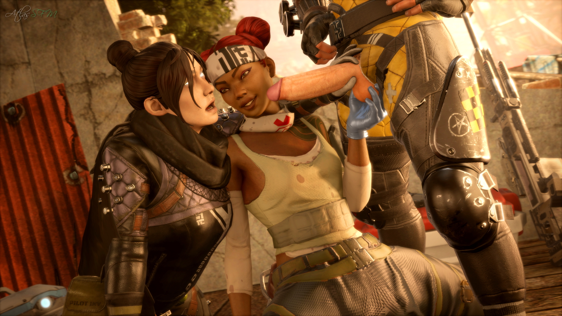 apex legends threesome Lifeline Wraith (Apex legends) Apex Legends Nsfw Big Cock Handjob Cock In Hand Big Balls Sexy Threesome 3d Porn