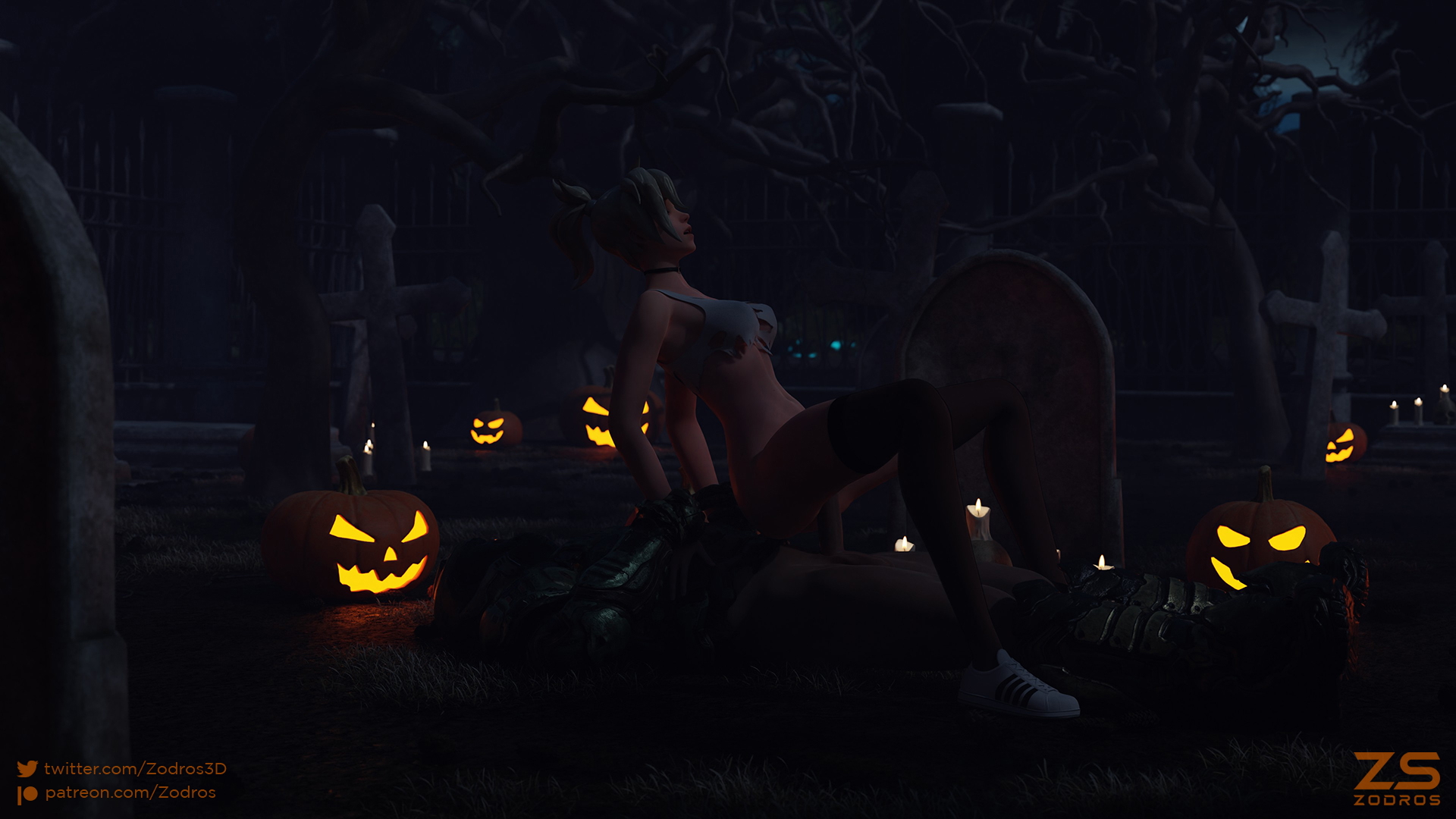 Mercy after party (Halloween) Overwatch Mercy Cowgirl Cowgirl Position Nude Pussy Penetration Big Cock Spread Legs Tanktop On Top Halloween Cemetery Night Pumpkin Legwear 2