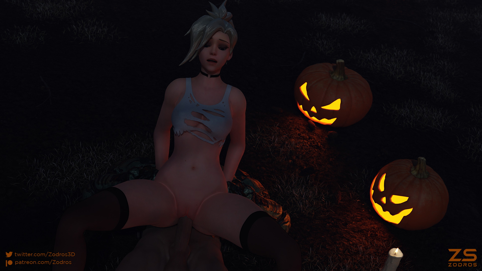 Mercy after party (Halloween) Overwatch Mercy Cowgirl Cowgirl Position Nude Pussy Penetration Big Cock Spread Legs Tanktop On Top Halloween Cemetery Night Pumpkin Legwear 6