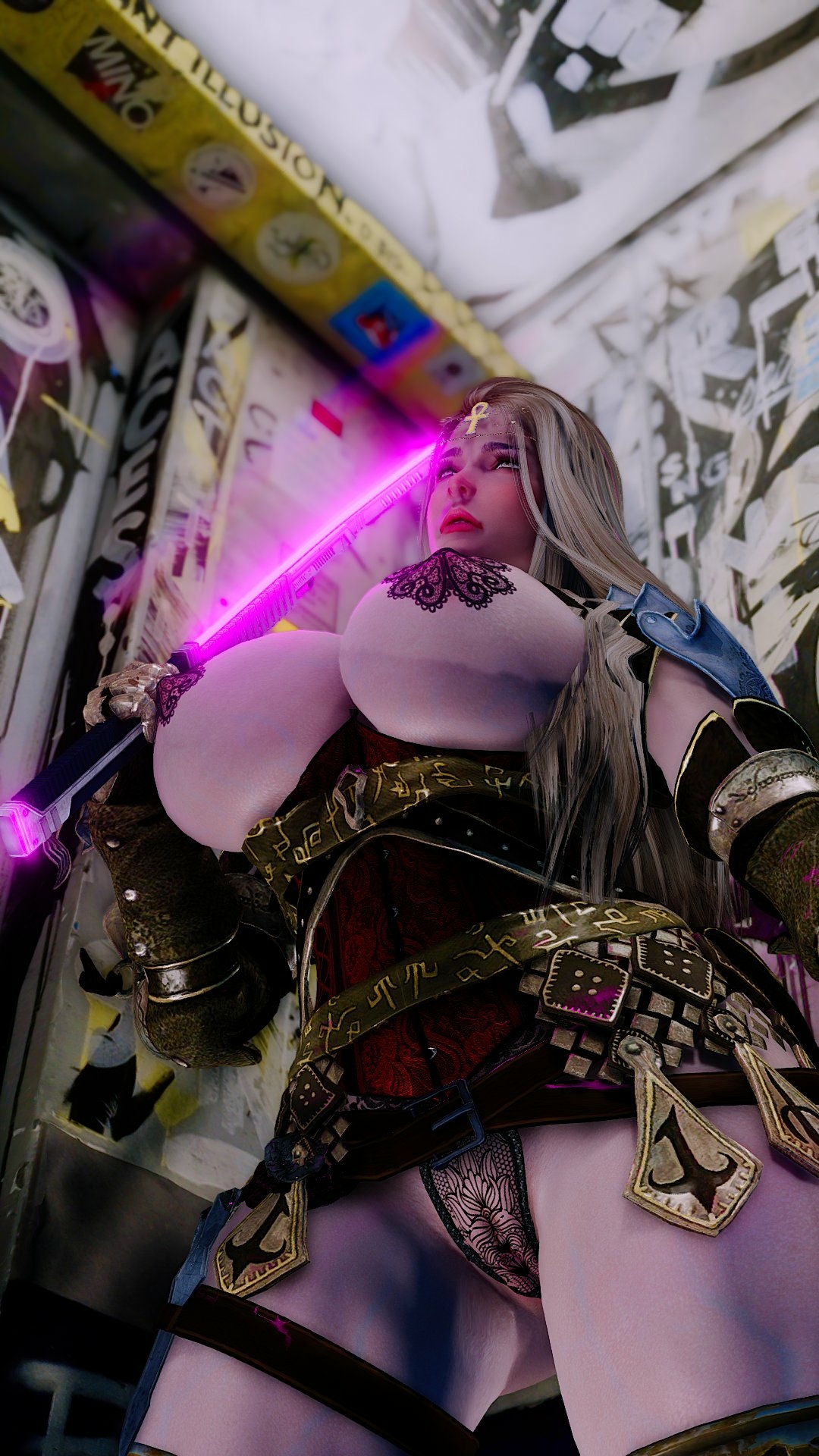 Hot Female Warrior sexy outfit with a purple laser sword Skyrim 3D porn modding Skyrim Female Warrior Blonde Sword Lingerie Armor Pussy Big Tits High Heels Big Legs Muscular Girl Muscles Game Videogame 2