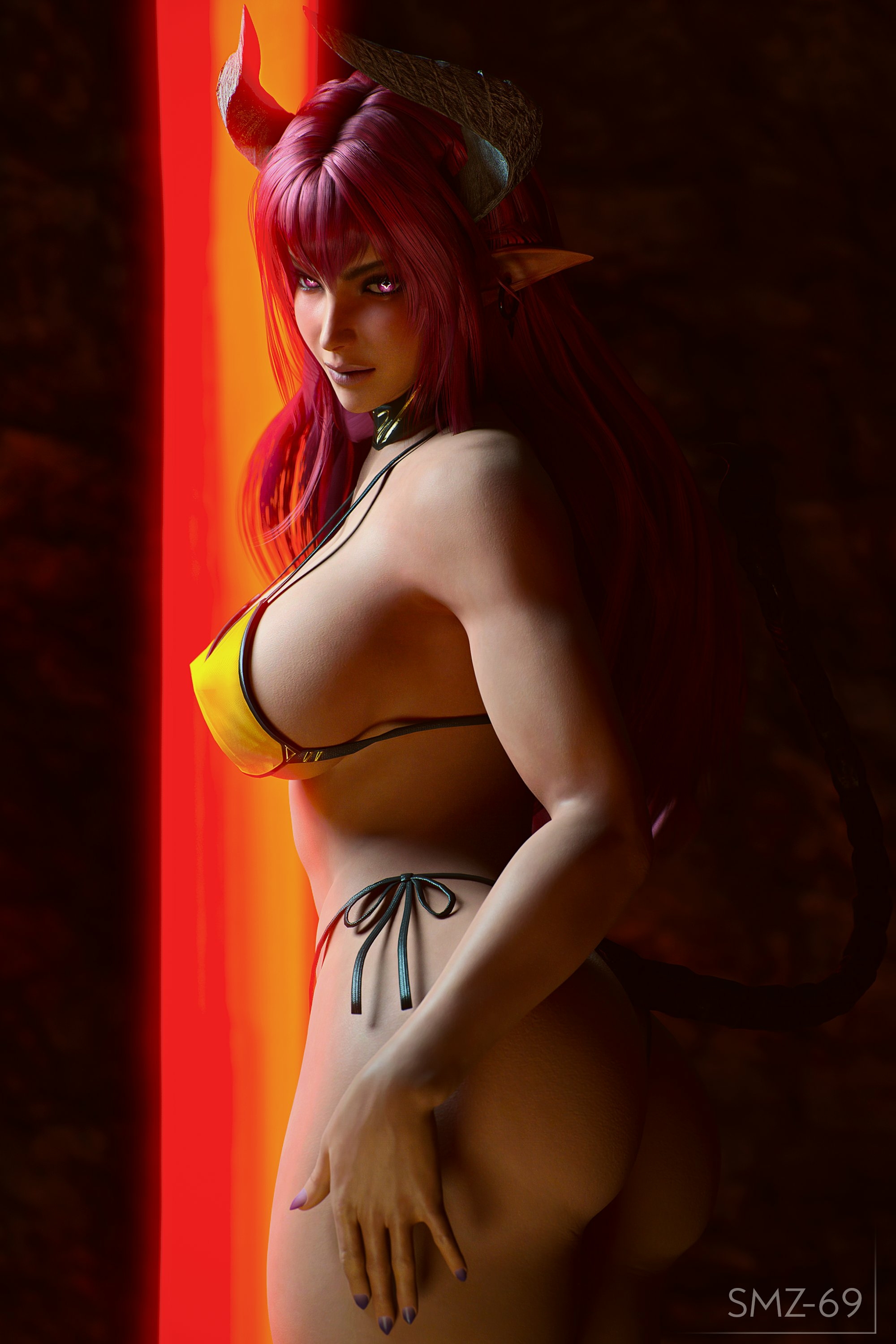 Daemon Girl Ryanreos Sfw Bikini Lingerie Side View Ass Sexy Horny Face Boobs Big boobs Big Ass 3d Porn