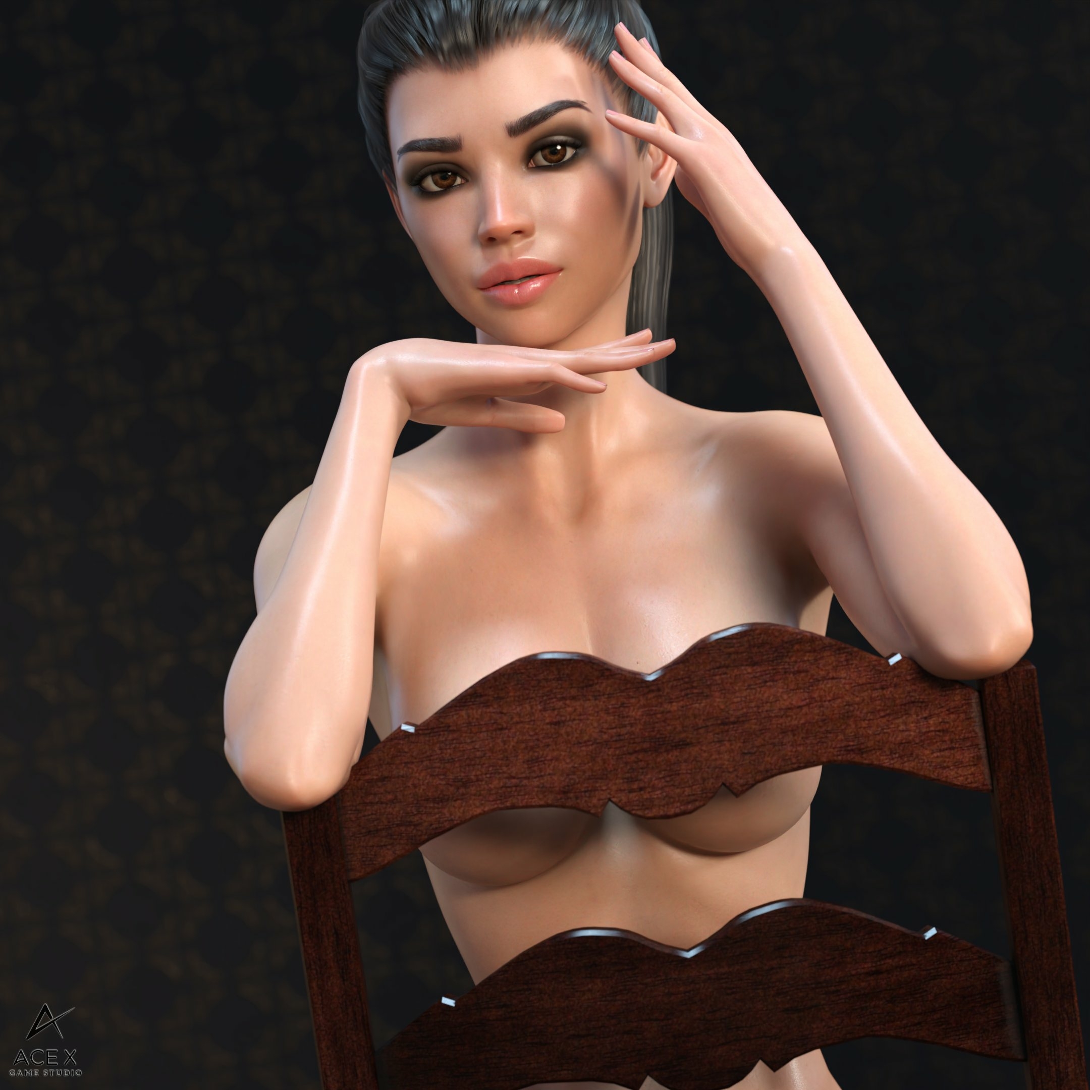 This months pin-up series! Val - Chair Acexgamestudio Nsfw Pink Nipples Nipples Half Naked Sexy Natural Boobs Boobs Big boobs Horny 3d Porn