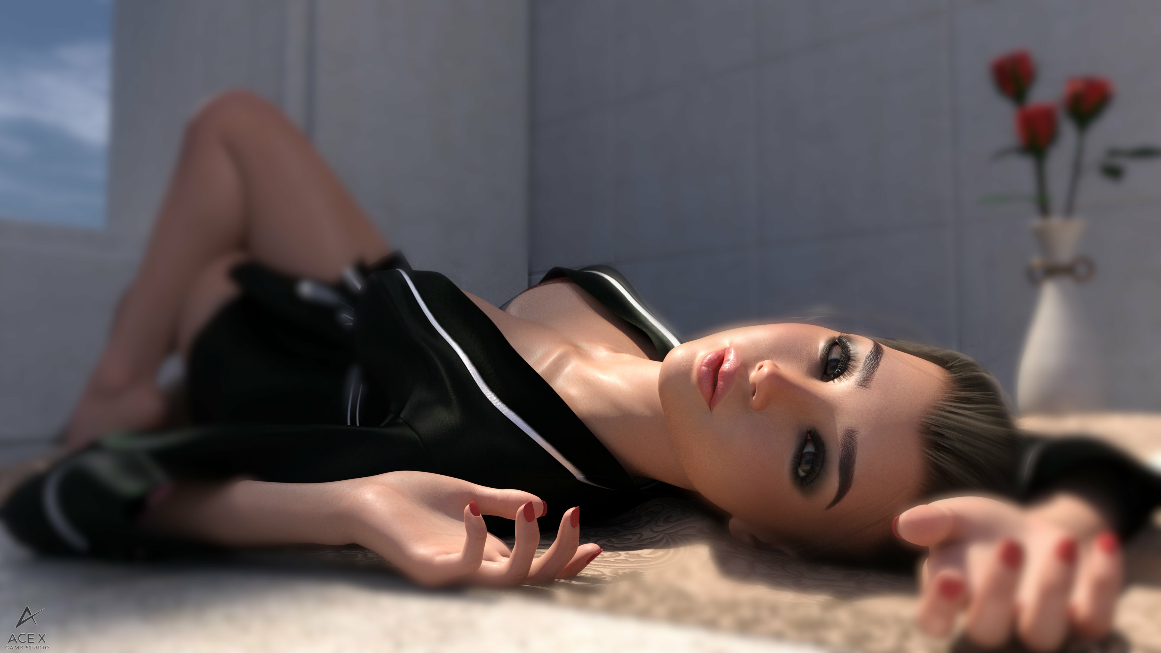 Sexy lay down pose Acexgamestudio Lingerie Bikini Half Naked Sexy Natural Boobs Boobs Big boobs Horny 3d Porn