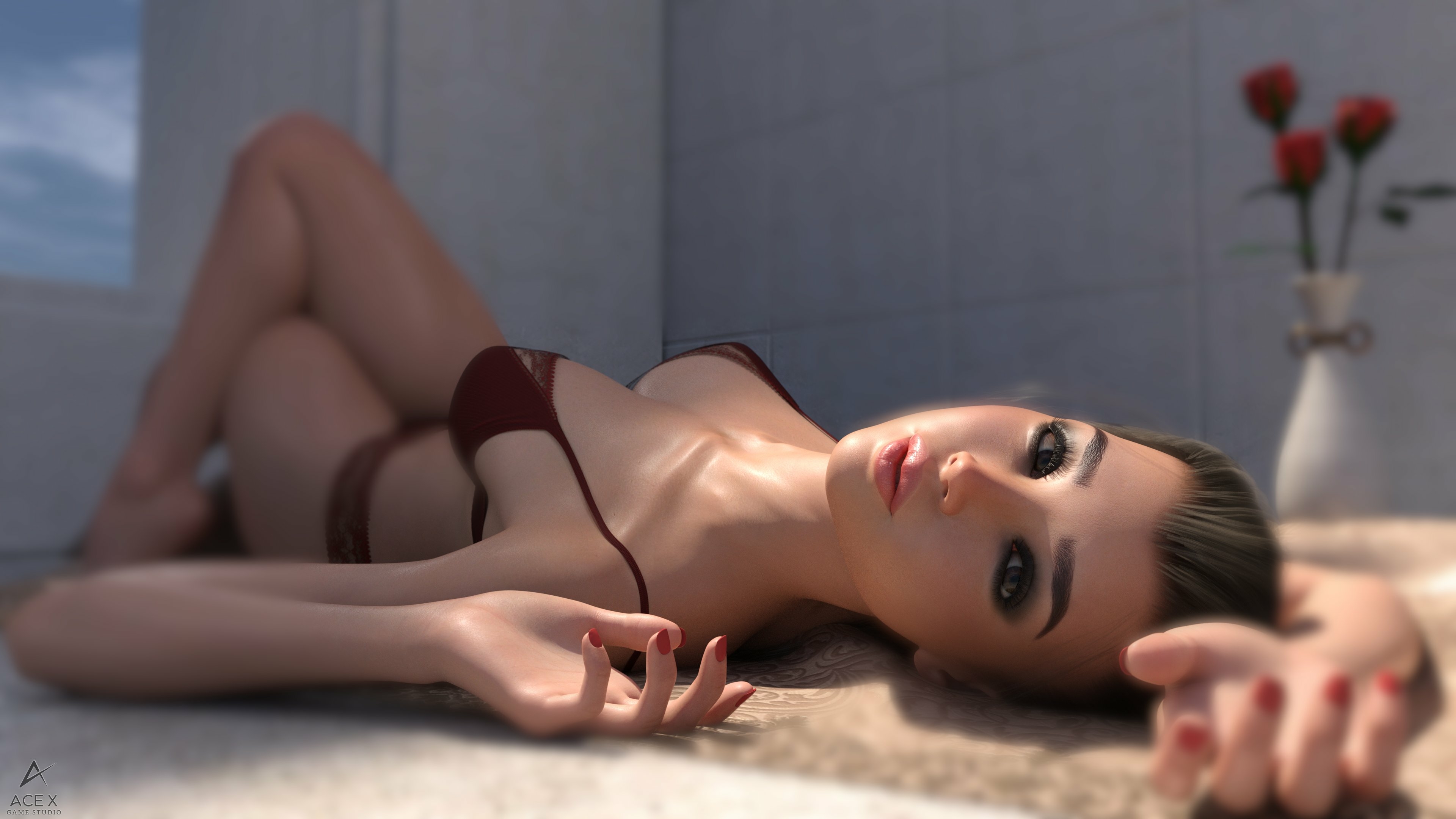 Sexy lay down pose Acexgamestudio Lingerie Bikini Half Naked Sexy Natural Boobs Boobs Big boobs Horny 3d Porn 2