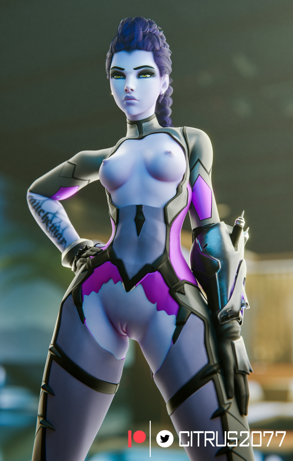 Bundamaker Overwatch Widowmaker Pale Skinned Female Big Ass Pose Naked Sexy Pinup Ass Thighs Clothed Breasts Tits Boobs 2