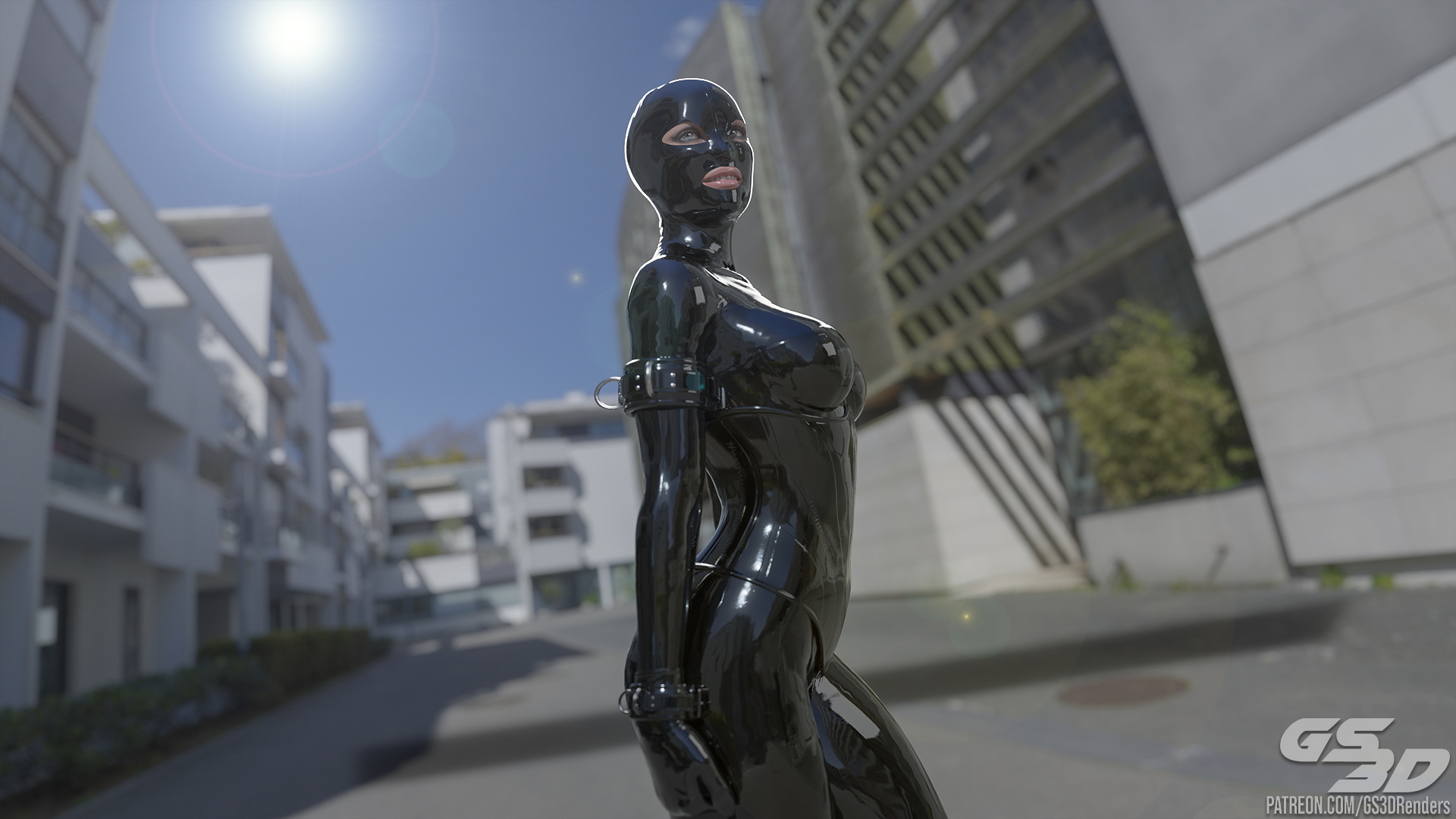 Outside Stroll [HD]  Rubber Latex Sexy Blonde Slut Doll Catsuit Bodysuit Mask Gas Mask Drone Hexcorp Neko Helmet 2