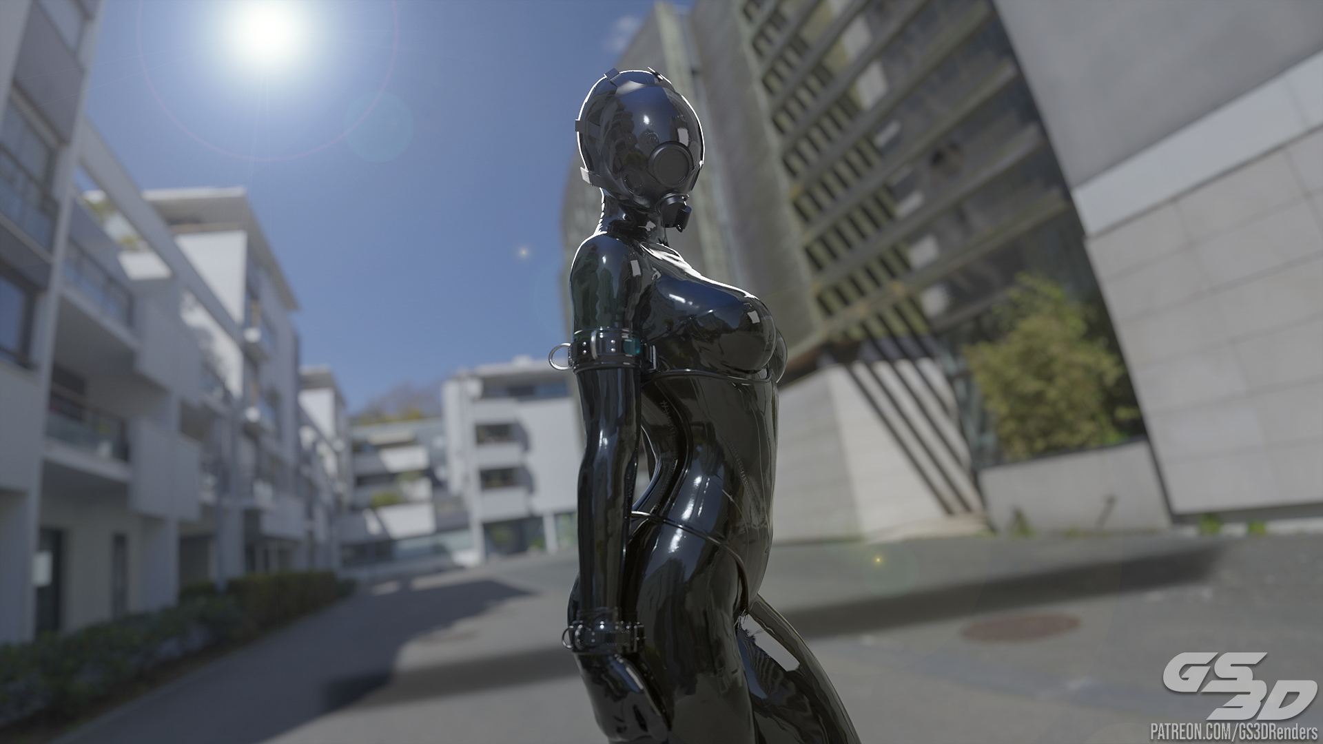 Outside Stroll [HD]  Rubber Latex Sexy Blonde Slut Doll Catsuit Bodysuit Mask Gas Mask Drone Hexcorp Neko Helmet 3