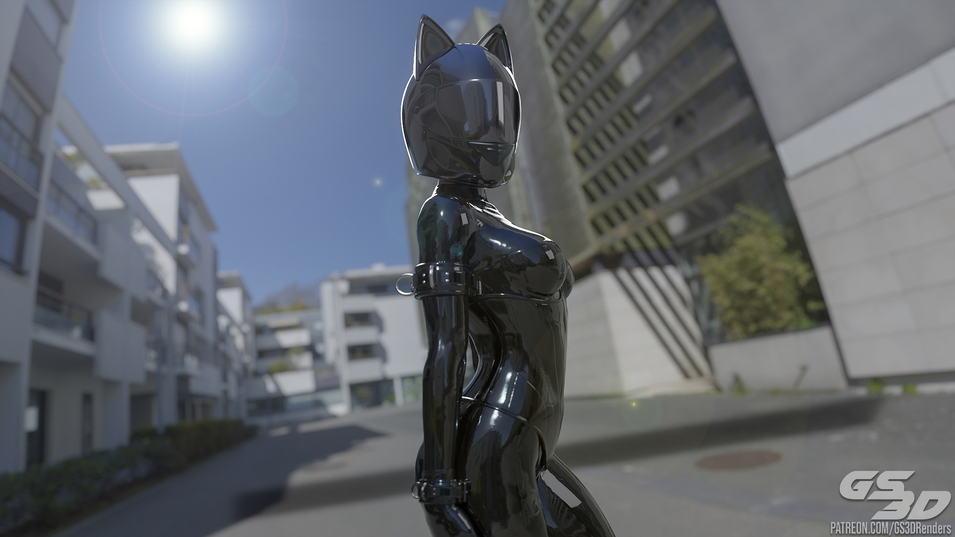 Outside Stroll [HD]  Rubber Latex Sexy Blonde Slut Doll Catsuit Bodysuit Mask Gas Mask Drone Hexcorp Neko Helmet 5