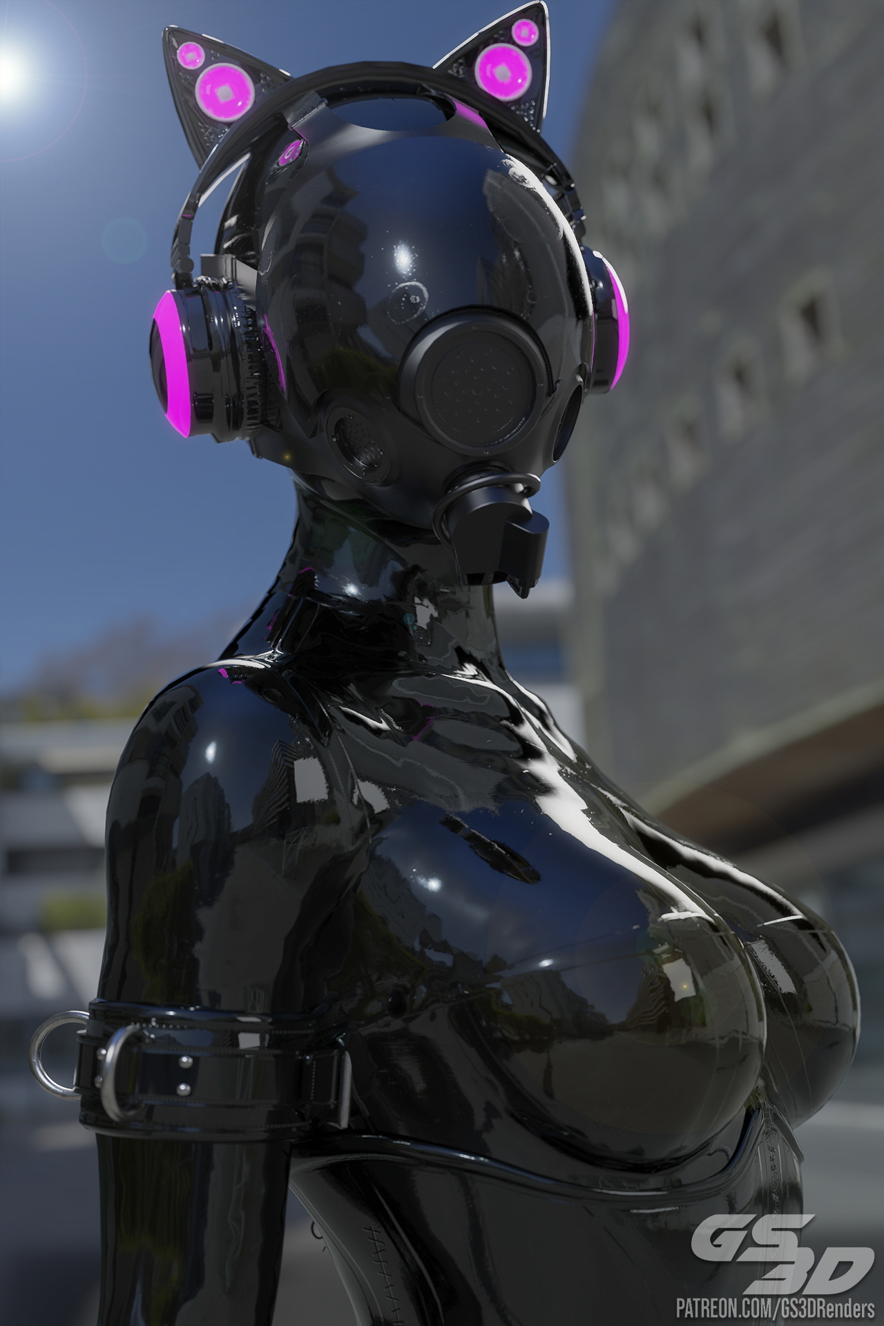 Outside Stroll [HD]  Rubber Latex Sexy Blonde Slut Doll Catsuit Bodysuit Mask Gas Mask Drone Hexcorp Neko Helmet 8