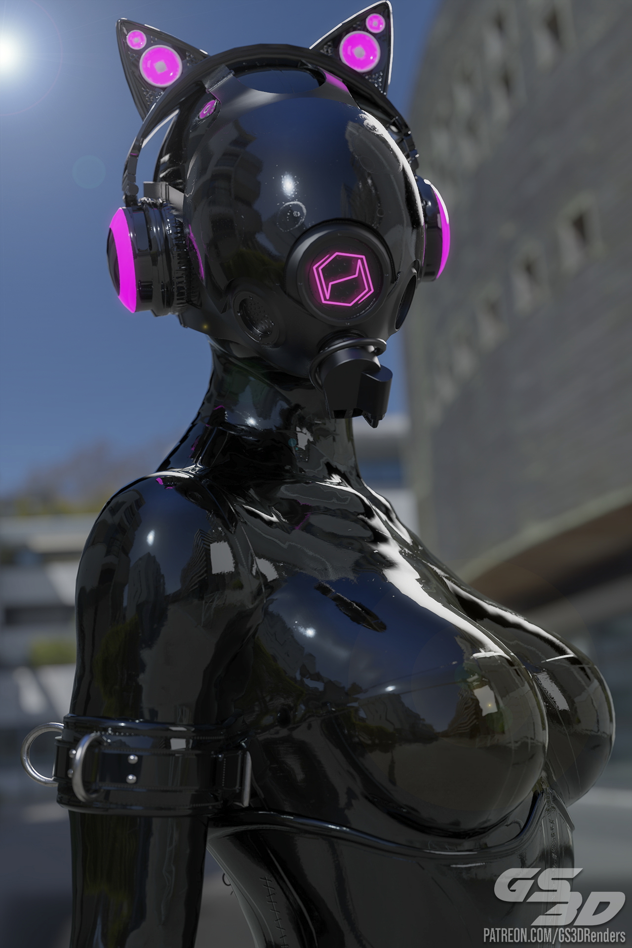Outside Stroll [HD]  Rubber Latex Sexy Blonde Slut Doll Catsuit Bodysuit Mask Gas Mask Drone Hexcorp Neko Helmet 9