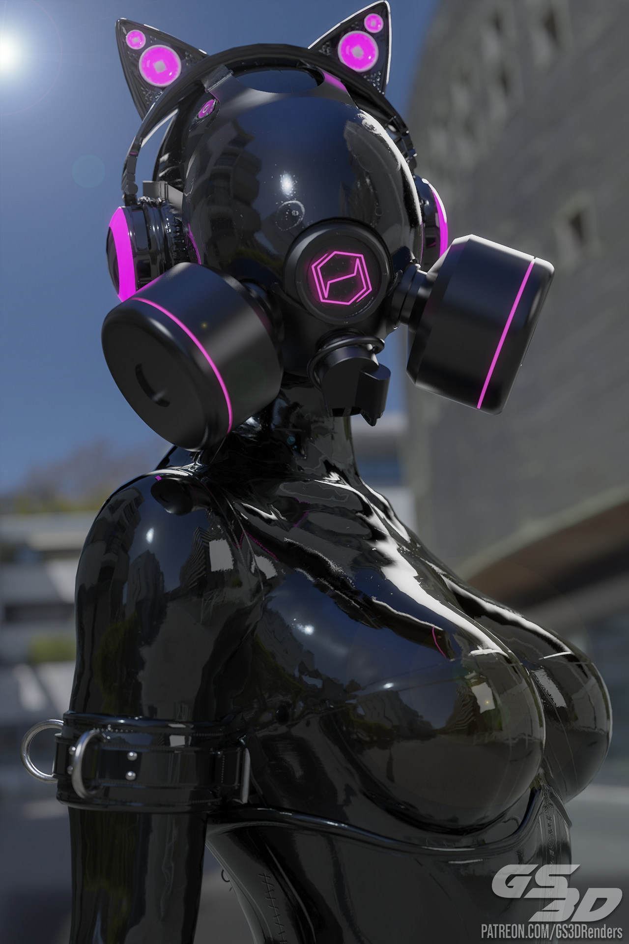 Outside Stroll [HD]  Rubber Latex Sexy Blonde Slut Doll Catsuit Bodysuit Mask Gas Mask Drone Hexcorp Neko Helmet 10