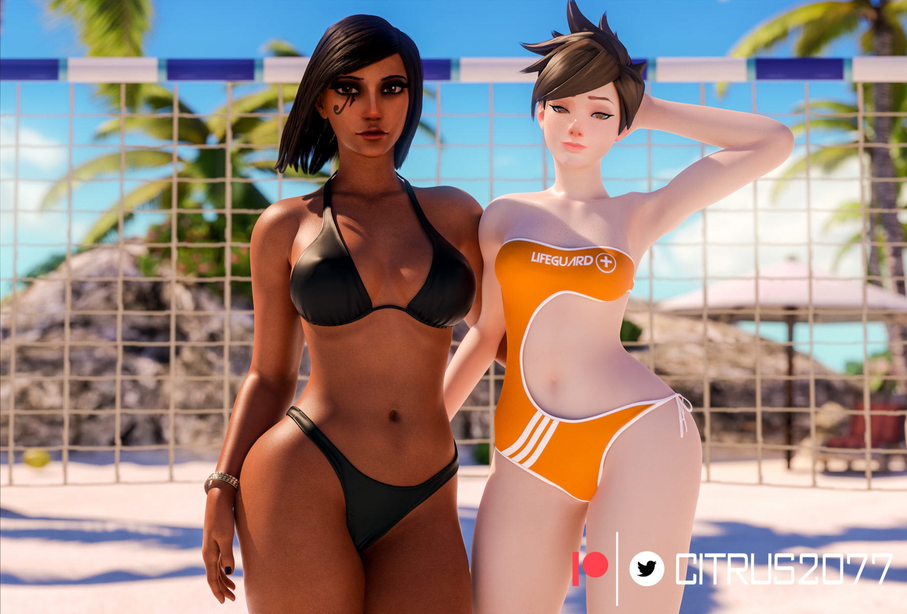 Tracer and Pharah Beach Time Tracer Pharah Overwatch Pale Skinned Female Big Ass Pose Naked Sexy Pinup Ass Thighs Clothed Breasts Tits Boobs Big Tits Sex Vaginal Vaginal Penetration Vaginal Sex 24
