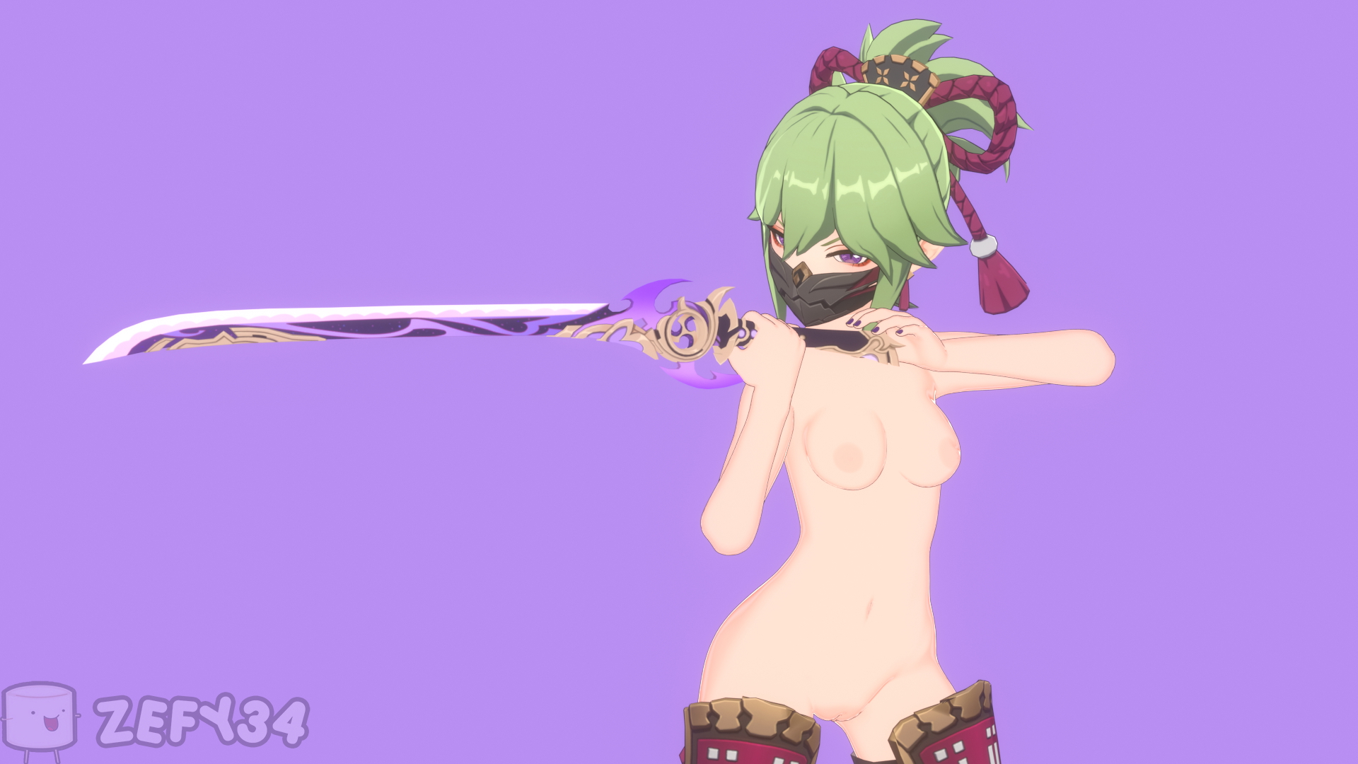 Kuki Shinobu with blade naked Genshin Impact Kuki Shinobu Big Tits Big Ass Pose Naked