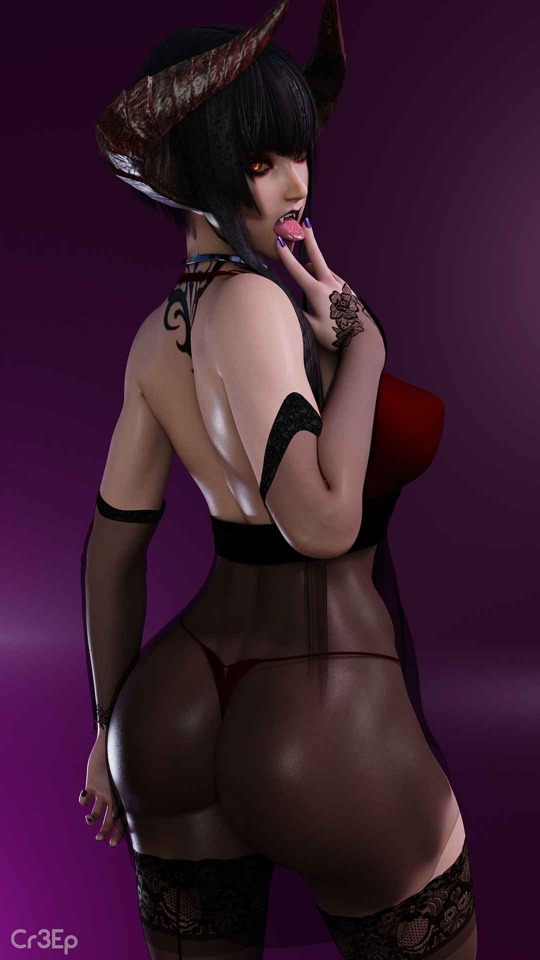 Eliza pinups Eliza Vampire Fangs Pinup Fit Big Breasts Big Ass Thigh Highs Gloves Horns Slingkini Pubic Hair 1girl Tattoo 4