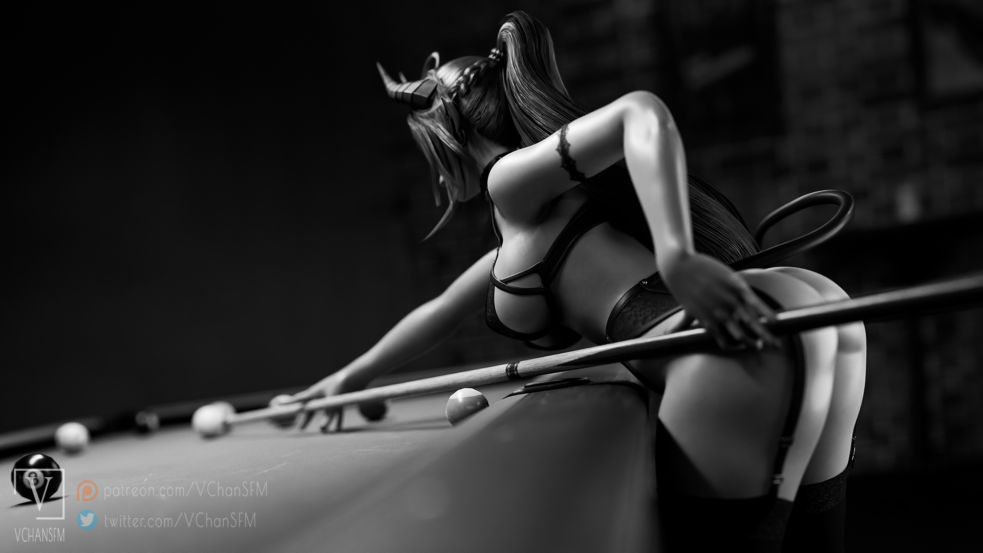 Sinia Noir Sinia Daemon Girl Big Tits Tits Rule34 Black And White Pool Table Cigarette Lingerie Garter Belt Bra 2