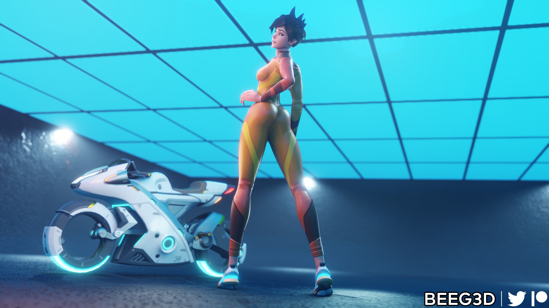 Tracer - Bike Photoshoot Overwatch Tracer Ass Pinup Latex Suit