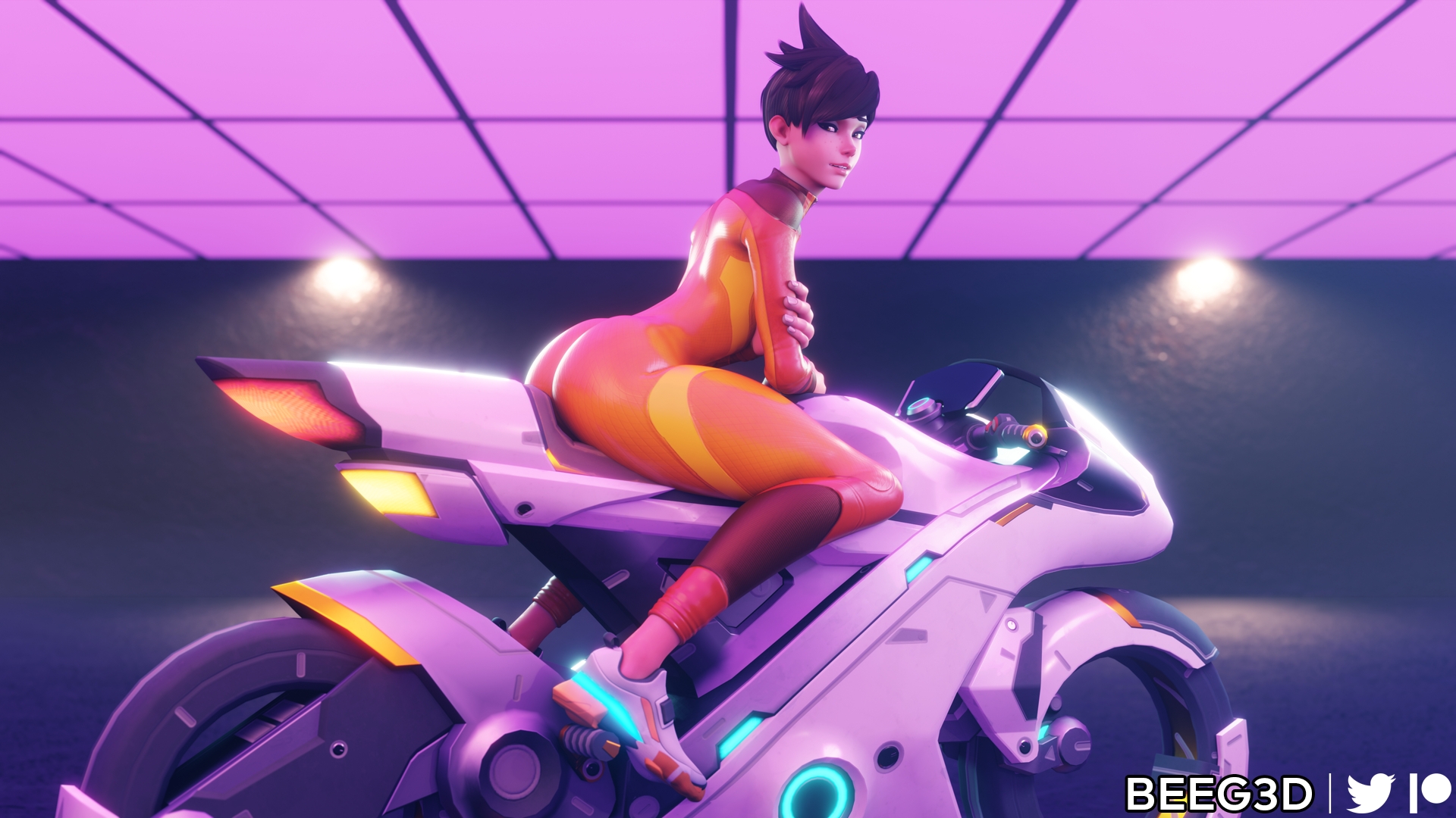Tracer - Bike Photoshoot Overwatch Tracer Ass Pinup Latex Suit 2