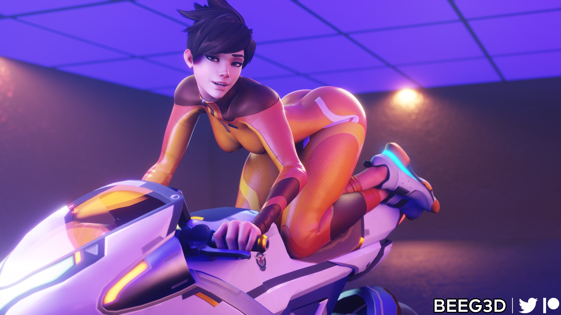 Tracer - Bike Photoshoot Overwatch Tracer Ass Pinup Latex Suit 3