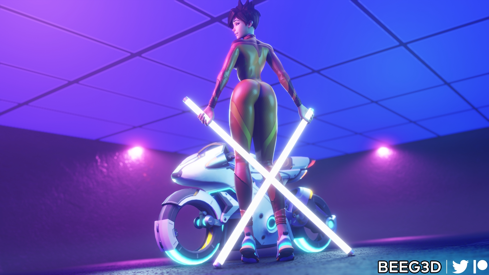Tracer - Bike Photoshoot Overwatch Tracer Ass Pinup Latex Suit 4