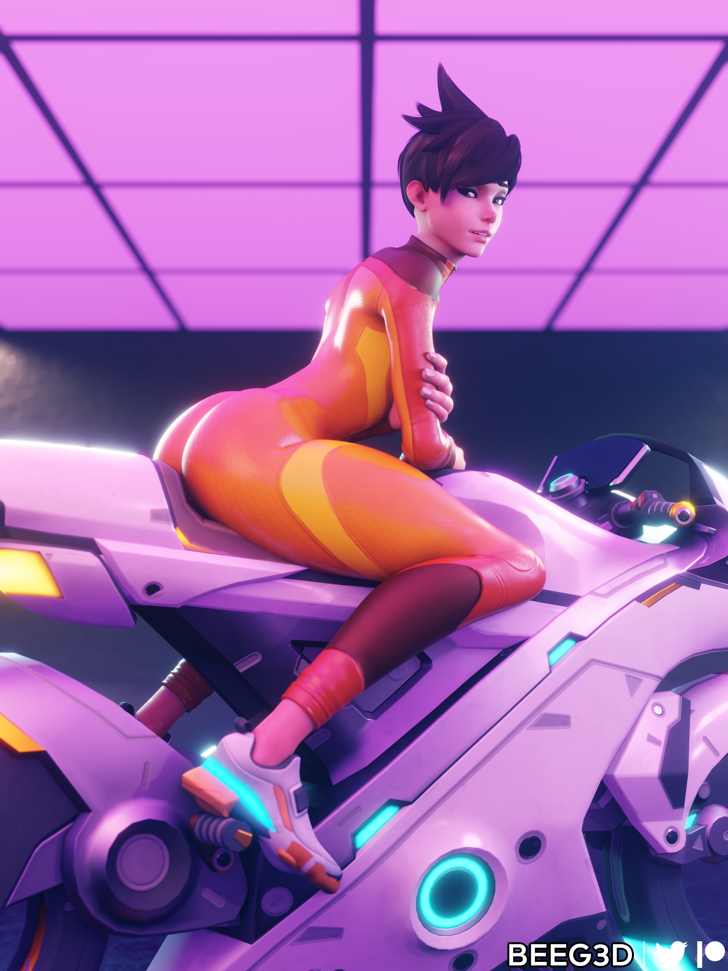 Tracer - Bike Photoshoot Overwatch Tracer Ass Pinup Latex Suit 6